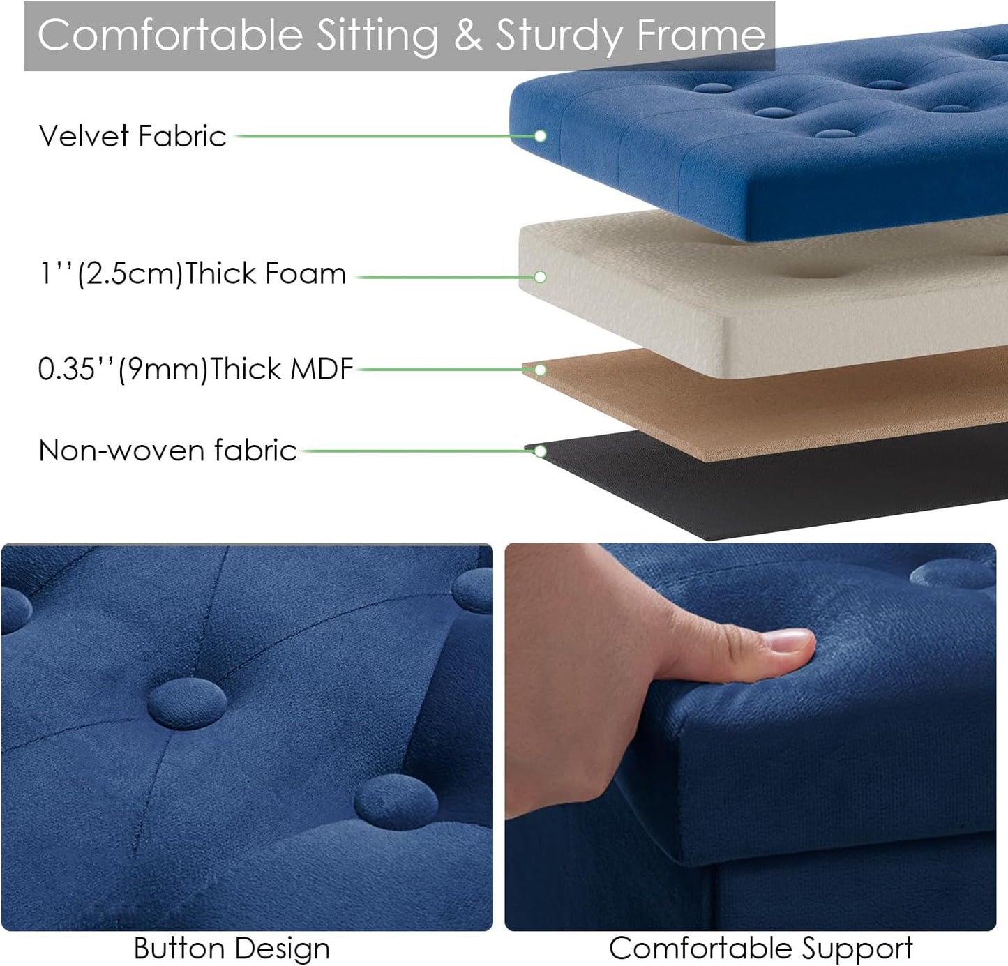 PRANDOM Jumbo Ottoman with Storage [1-Pack] Velvet Folding Small Square Foot Stool with Lid for Living Room Bedroom Coffee Table Dorm Royal Blue 43x15x15 inches