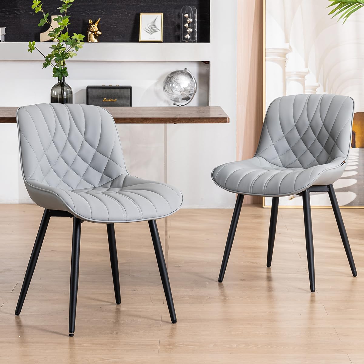 YOUNUOKE Dining Chairs Set of 2 Mid Century Modern Kitchen Chair Comfortable Upholstered Faux Leather Dinner Chairs for Kitchen Dining Room, Grey