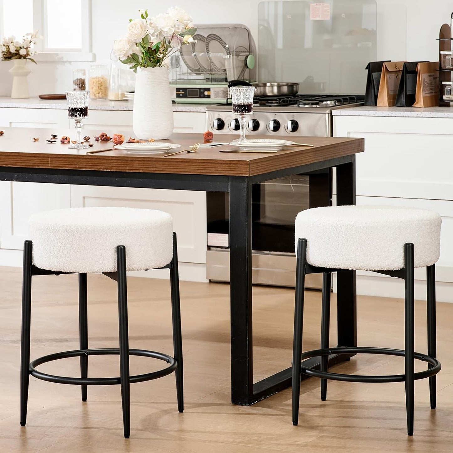 Dining Chairs Set of 2, 23.6" Backless Kitchen Living Room Chair，Mid Century Modern Chairs with Round Soft White Boucle Padded & Solid Metal Legs