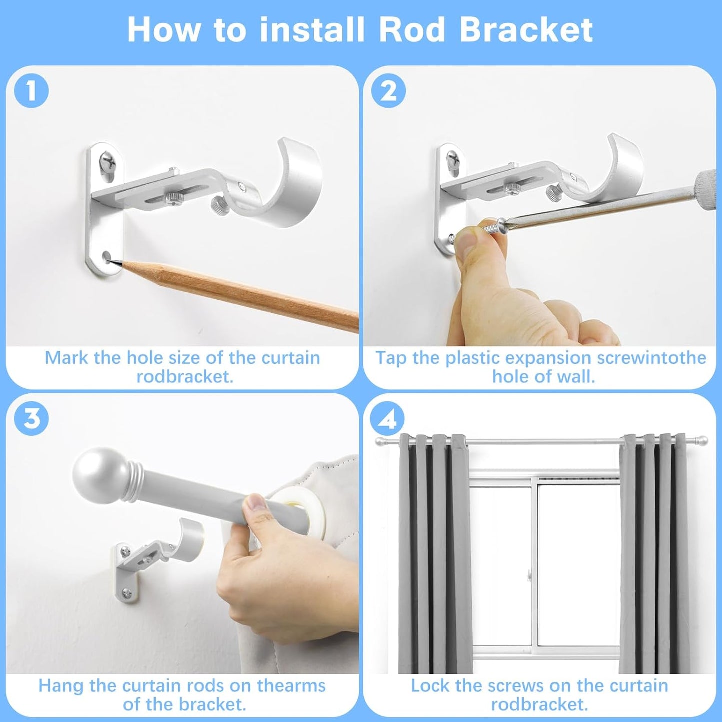 Curtain Rods for Windows 16 to 76 Inches, Curtain Rod Max Adjustable Length of 88 IN, 1" Diameter Drapery Rods Round Finials, Satin Silver, Pack of 2