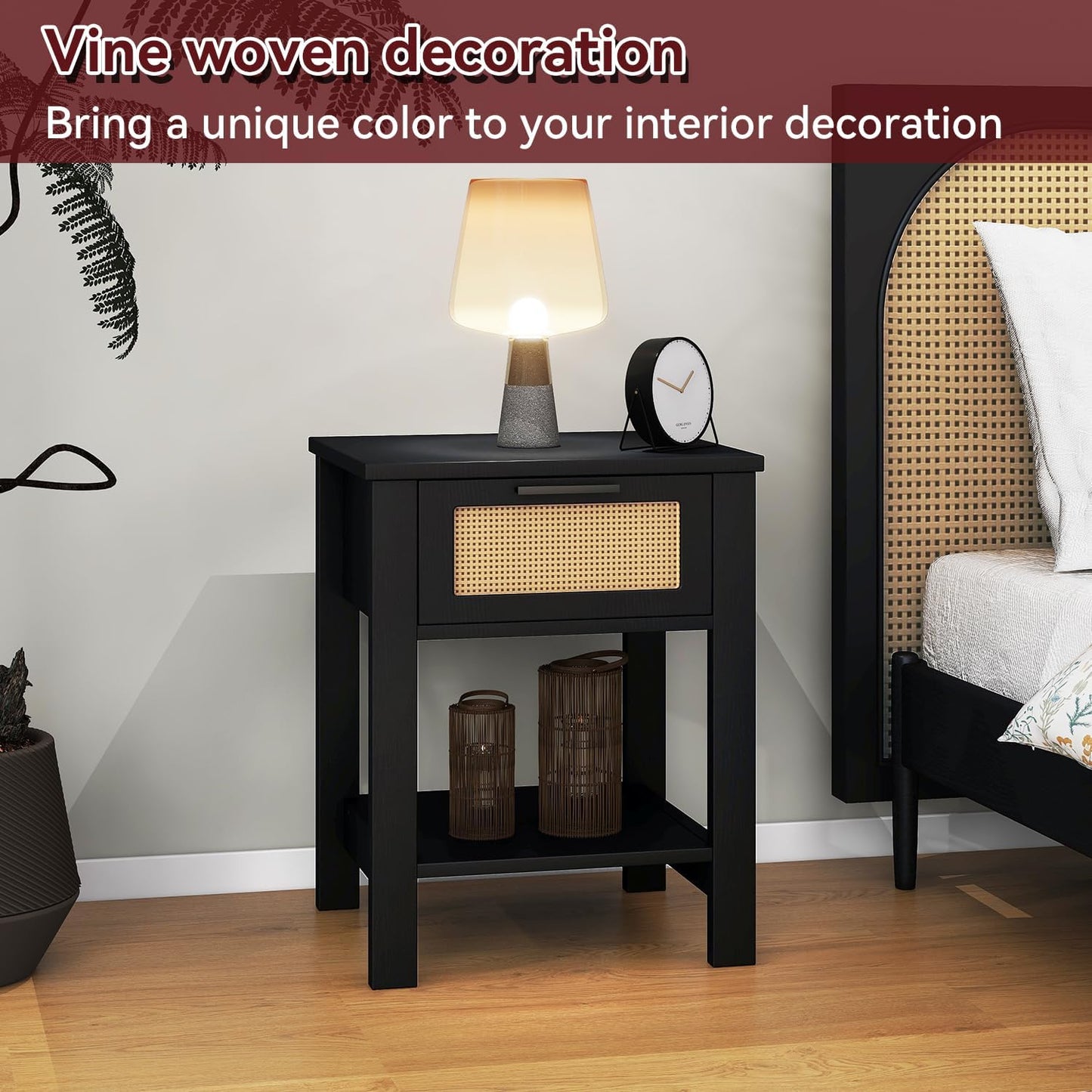 IBUYKE Rattan Nightstand Set of 2, Boho Night Stand with Drawer, Wood Bedside Tables with Storage Shelf, End Table with Legs for Bedroom, Black UWNS011B-2