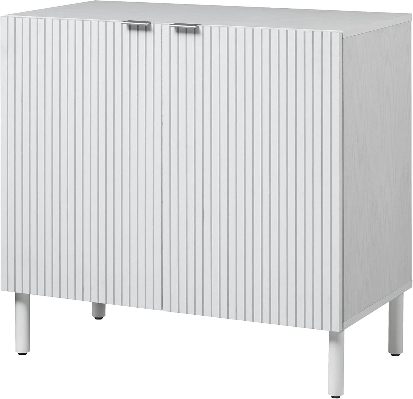 Sango Merk 2-Door Cabinet, Modern White Storage Cabinet with Vertical Groove Doors, Adjustable Shelf, Cylindrical Wood Legs, Discreet Metal Finger Pulls, Stylish Furniture for Living or Dining Room