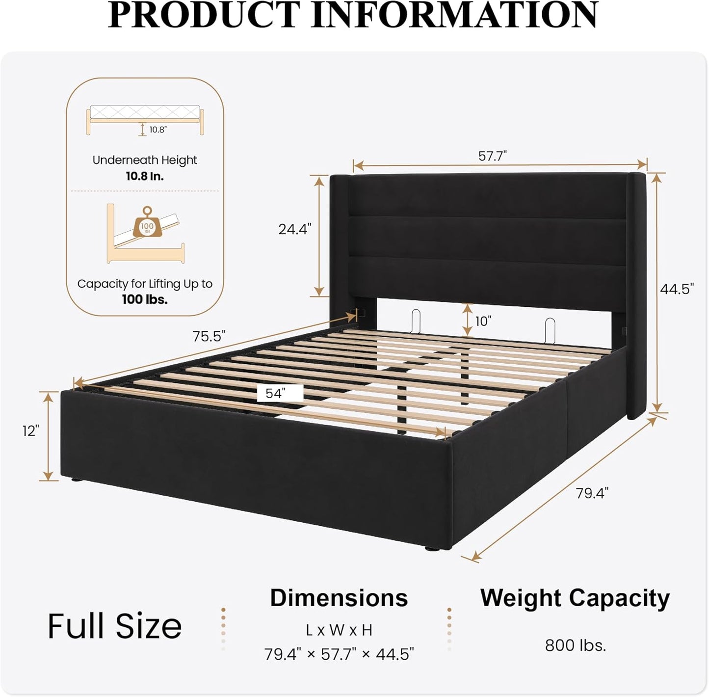 SHA CERLIN Full Size Lift Up Storage Bed/Velvet Upholstered/Modern Wingback Headboard/Upholstered Platform Bed Frame/Hydraulic Storage/No Box Spring Needed/Black