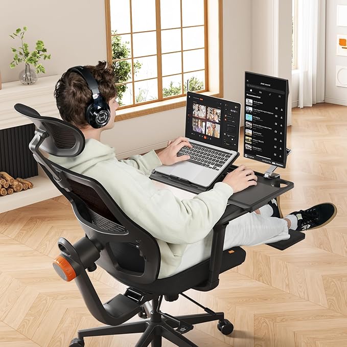 Newtral Ergonomic Home Office Chair-Office Desk Chair with Footrest, Auto-Following Backrest & Headrest, 4D Armrests, 96°-136° Recline (Black, with Laptop Table + 2D Headrest)