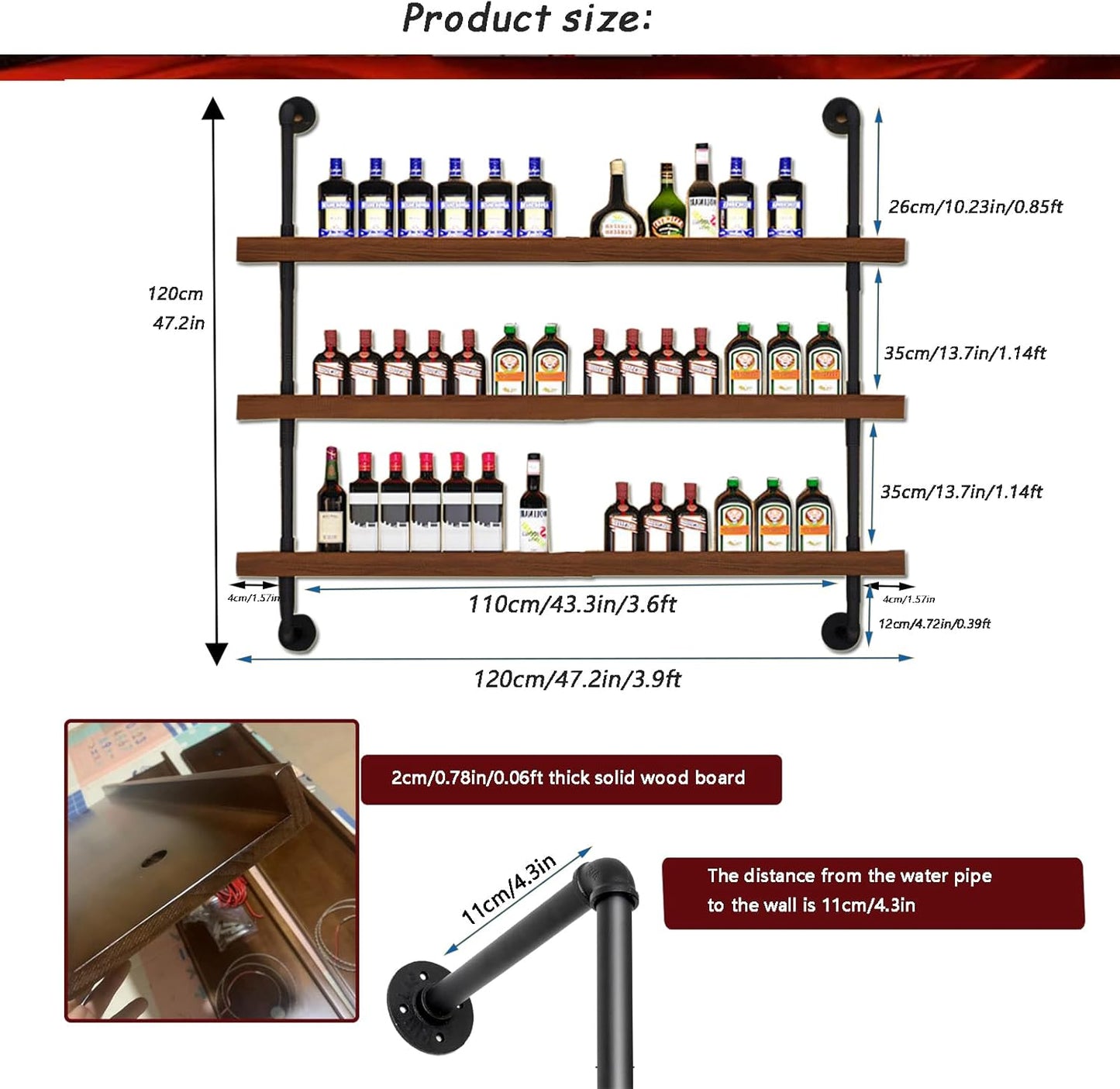 47.2in Large Wine Rack with LED Light Solid Wood Wall Mounted Wine Rack, 3-Tiers Liquor Bottles Floating Shelves Display Storage Organizer for Home Bar & Dining Room (120cm/47.2in)