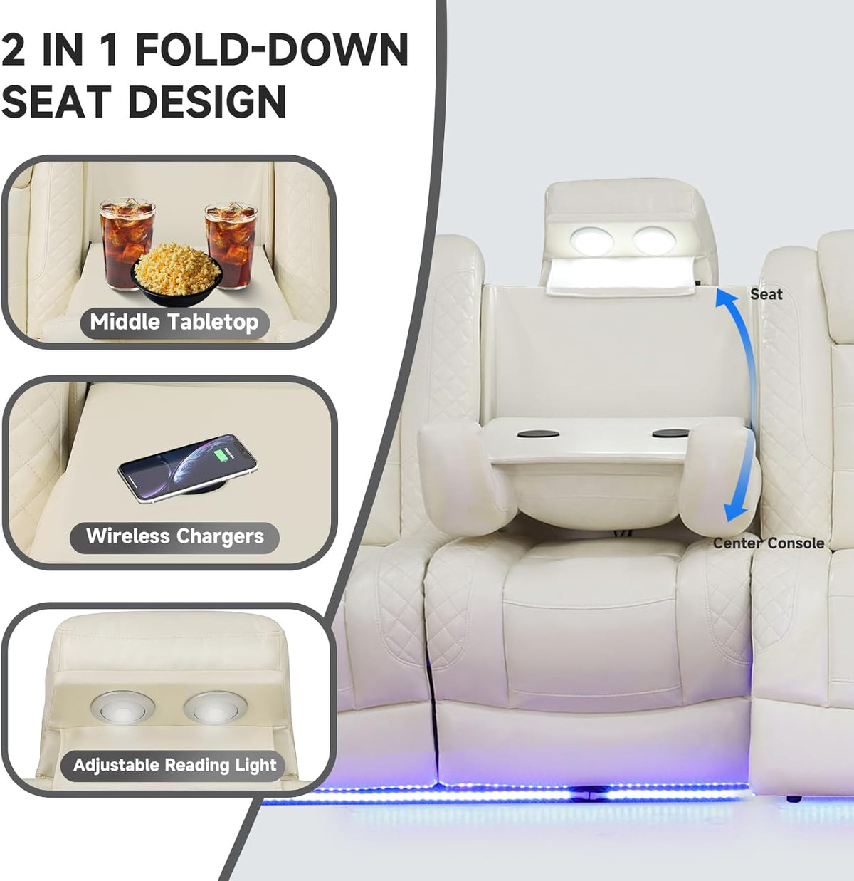 3+2+1 PU Leather Power Sectional Sofa Set, Living Room Furniture, Reclining Couch, Loveseat, Chair with LED Light/USB Ports/Storage Armrests/Center Console/Cup Holders/Wireless Chargers/Coffee Table