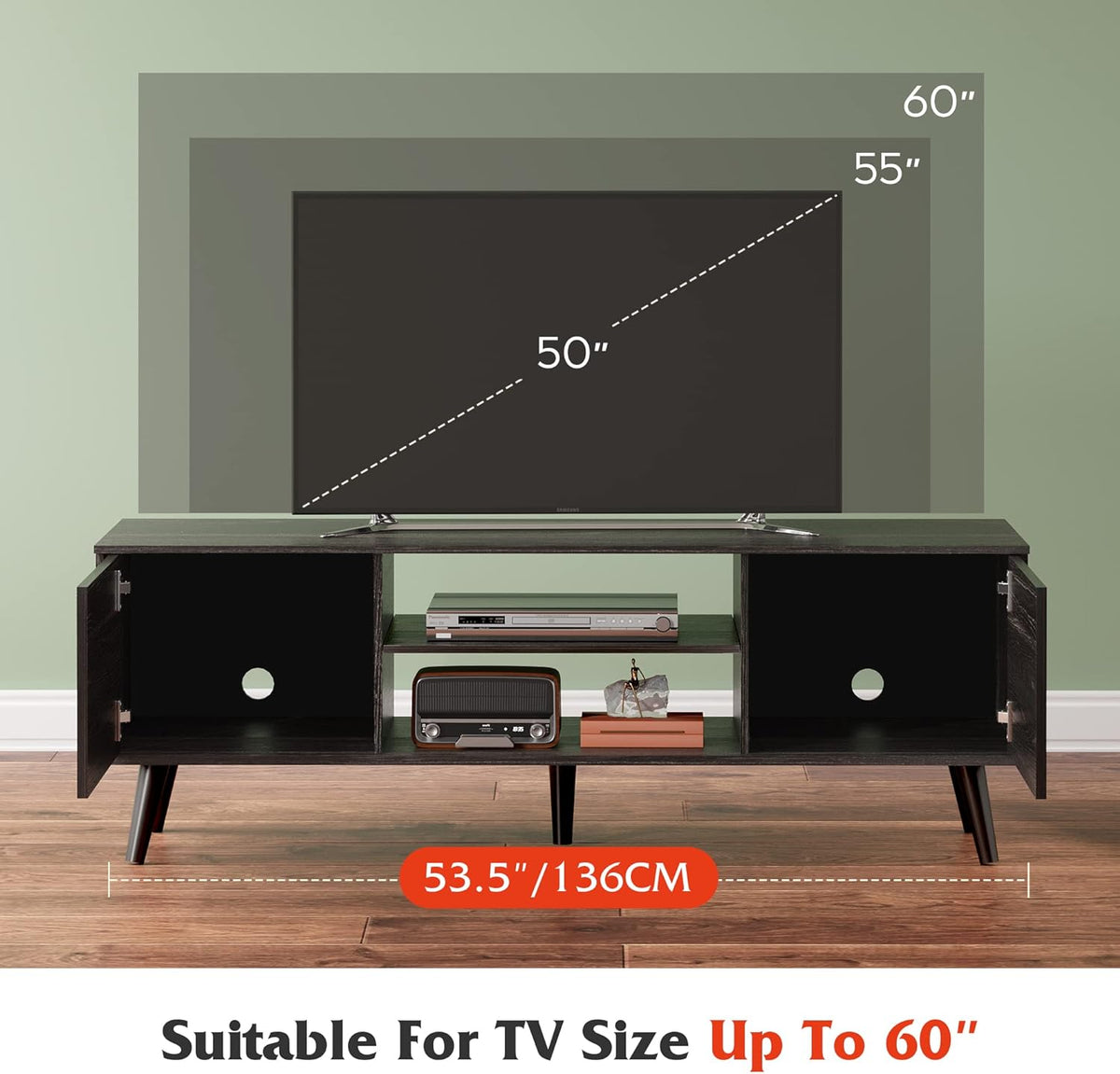 WLIVE TV Stand for 55 60 inch TV, Modern Entertainment Center with Storage Cabinets, Mid Century TV Console Table for Bedroom, TV Stand for Living Room, Charcoal Black