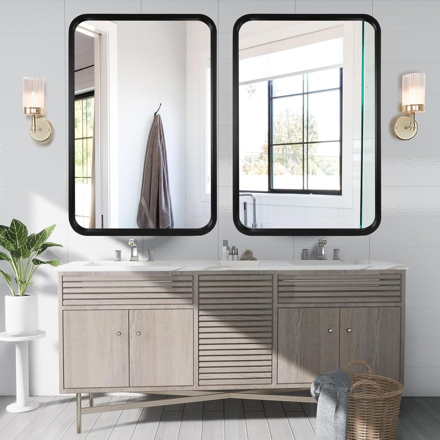 WallBeyond 24x36 Inch Wood Mirror for Bathroom, Wooden Frame Wall Mirror Farmhouse Wall Mounted Rectangle Mirror for Vanity (Horizontal/Vertical Black Color)
