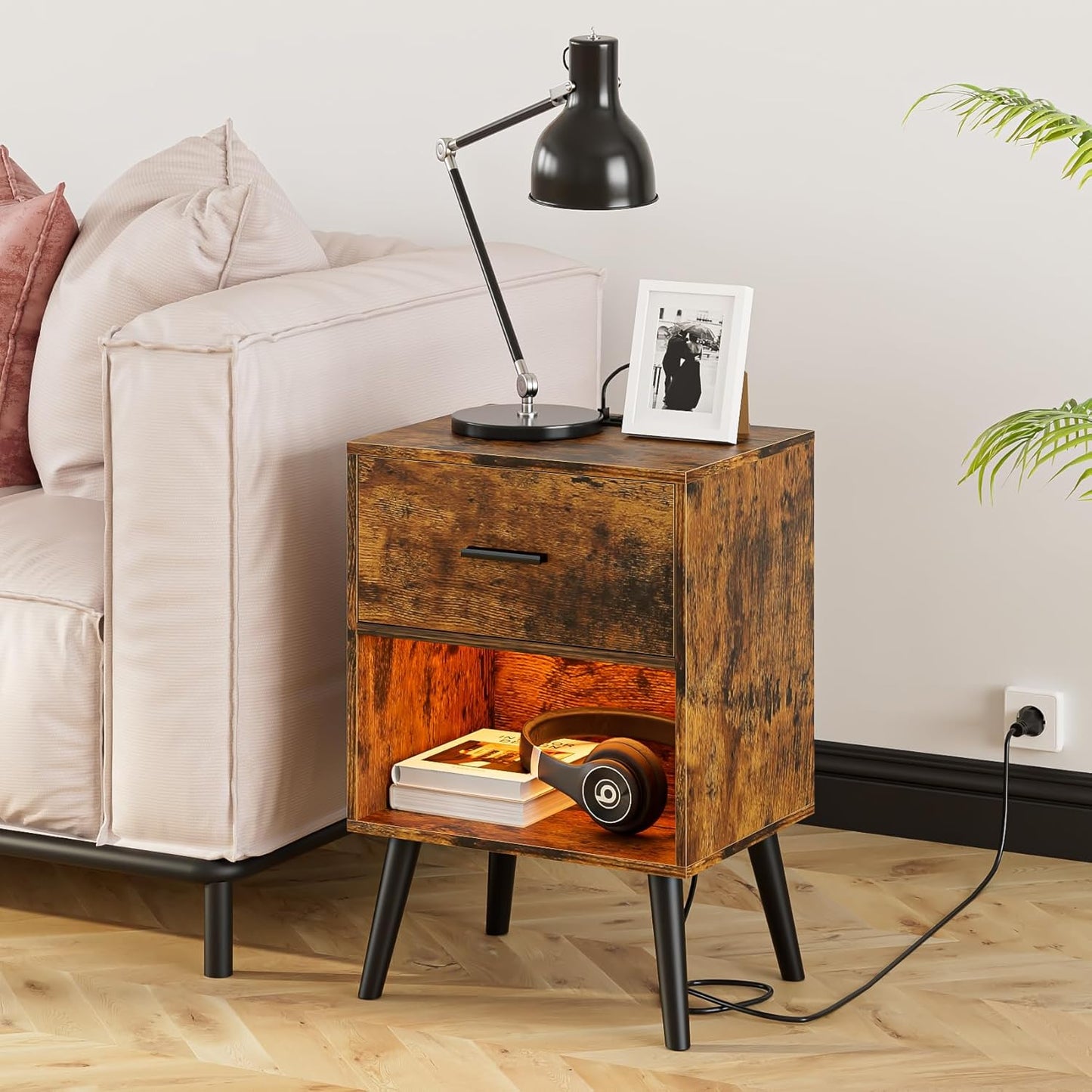 Nightstand with Charging Station and LED Lights, Small Side Table, Bedside Table with Drawer, Modern Night Stand, End Table for Bedroom, Living Room (Rustic Brown)