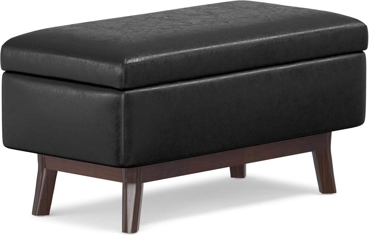 SIMPLIHOME Owen 36 inch Wide Mid Century Modern Small Rectangular Storage Ottoman in Distressed Black Vegan Faux Leather, Assembled, For the Living Room, Entryway and Family Room