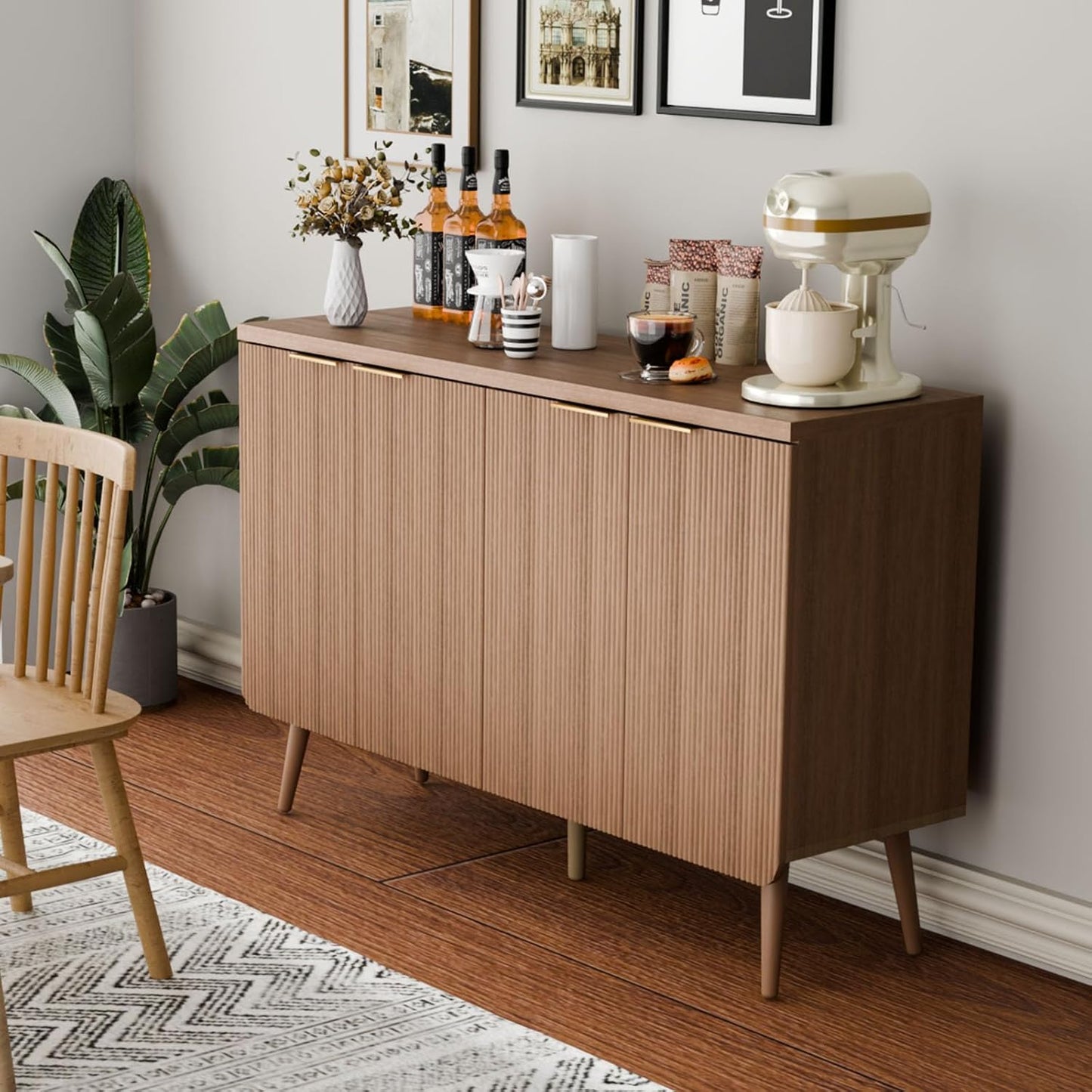 Sideboard Buffet Cabinet with Storage, 4 Doors Wood Entryway Cabinet, Modern Accent Cabinet with Solid Wood Feet & Adjustable Shelves, Multifunctional Console Table for Living Room, Kitchen, Hallway