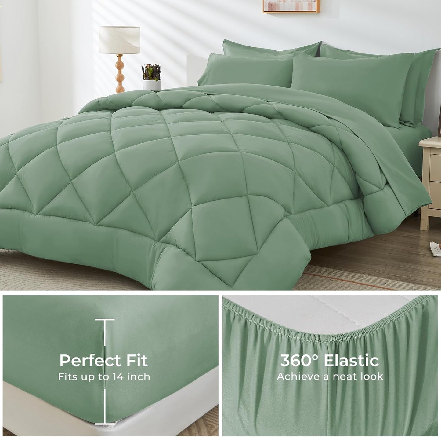 HEVUMYI Light Green Full Comforter Set - 7-Piece All Season Bed in a Bag Full, Ultra Soft Bedding Set with Comforter, Flat Sheet, Fitted Sheet, Pillowcases, Pillow Shams