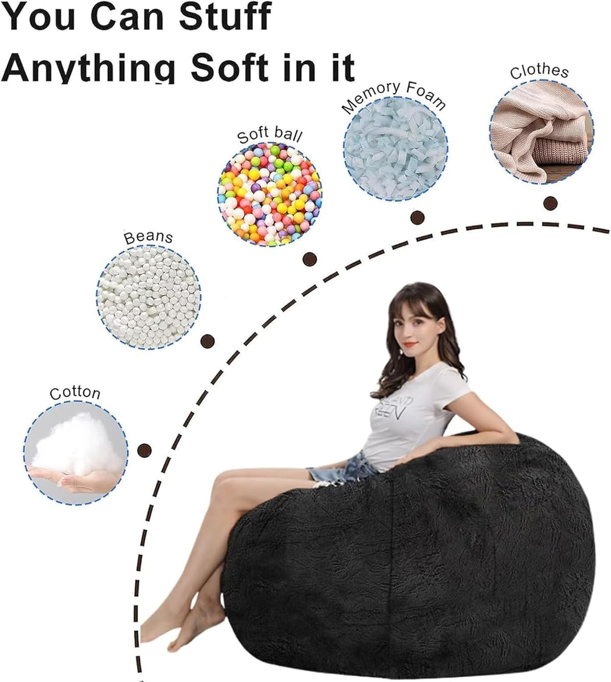 BCU 6FT Bean Bag Chair for Adults and Kids Without Filler Giant Stuffed Animal Storage Cover Soft Faux Fur Floor Chair Cover for Bedroom Living Room, Multicolored