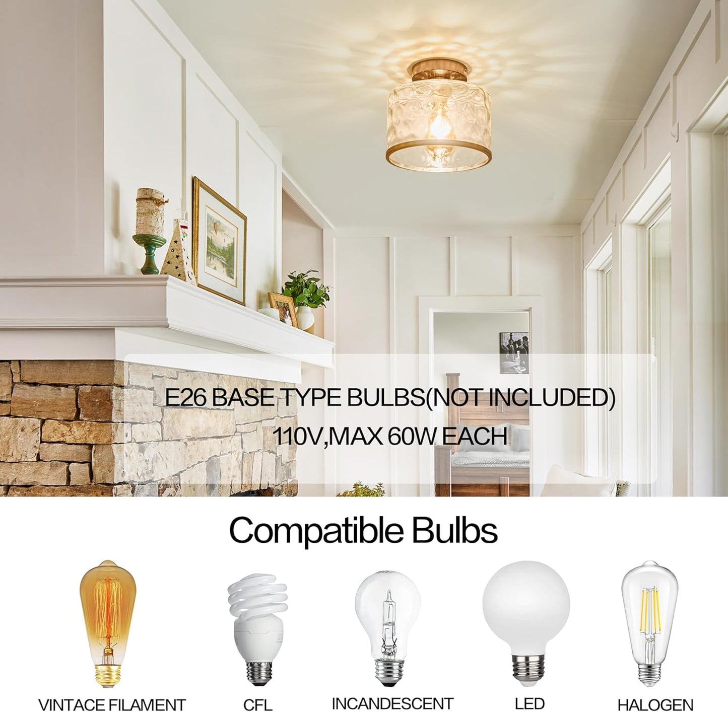 Modern Semi Flush Mount Ceiling Light with Industrial Clear Hammered Glass Lampshade, Farmhouse Ceiling Lights fixtures in Satin Nickel for Hallway Kitchen Bathroom Bedroom