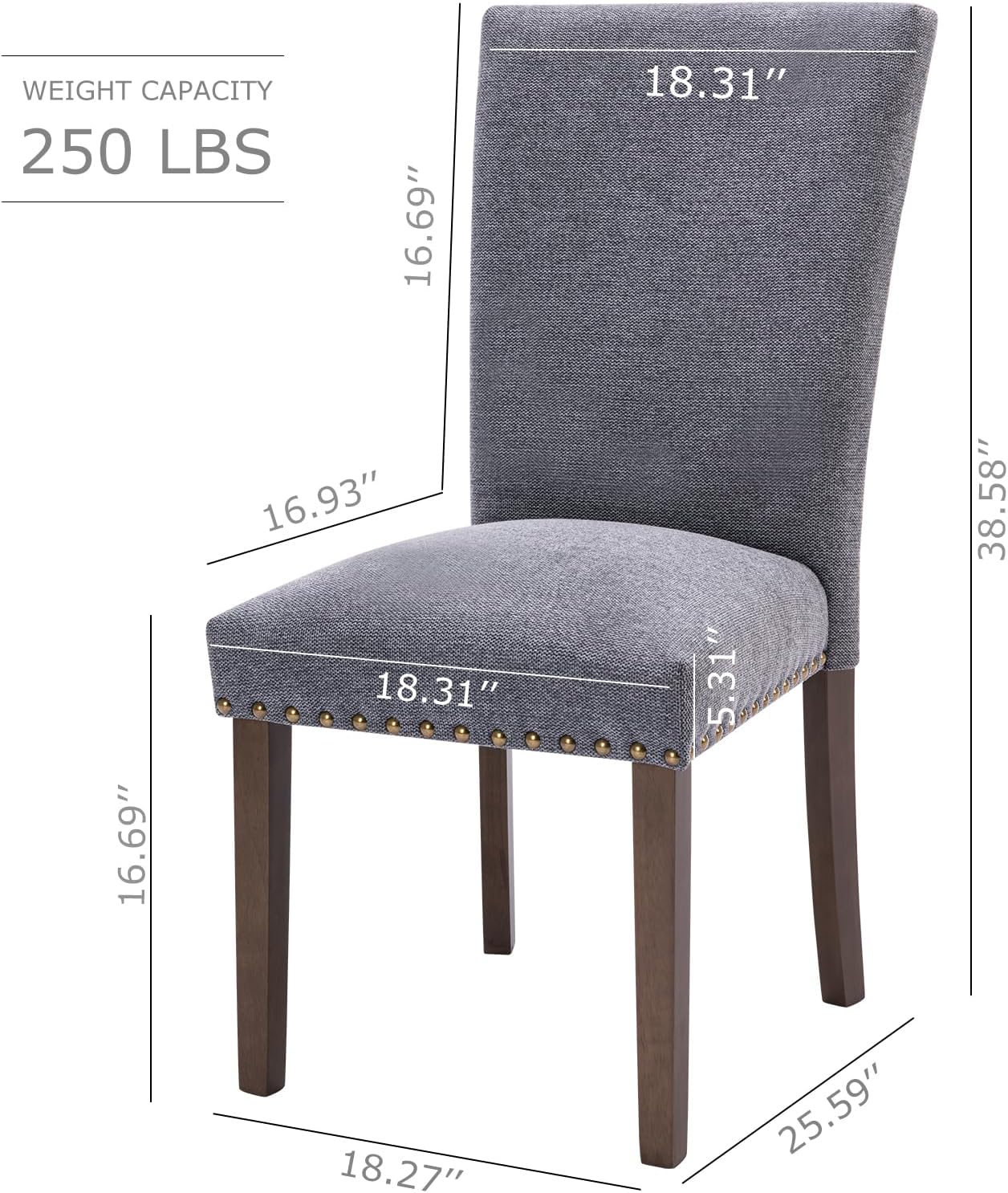 COLAMY Upholstered Parsons Dining Chairs Set of 2, Fabric Dining Room Kitchen Side Chair with Nailhead Trim and Wood Legs - Dark Grey