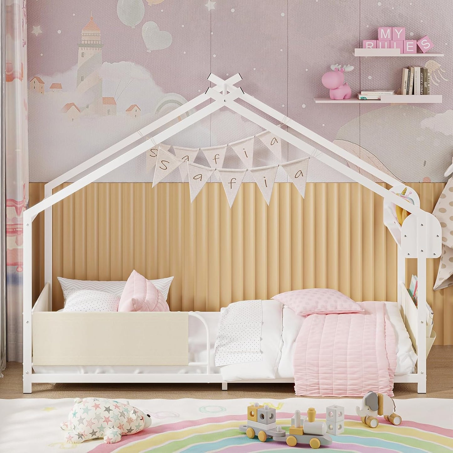 Timy House Shape Twin Size Montessori House Bed Metal Floor Bed with Storage Rack and Caddy Twin Bedframe for Kids No Box Spring Needed White