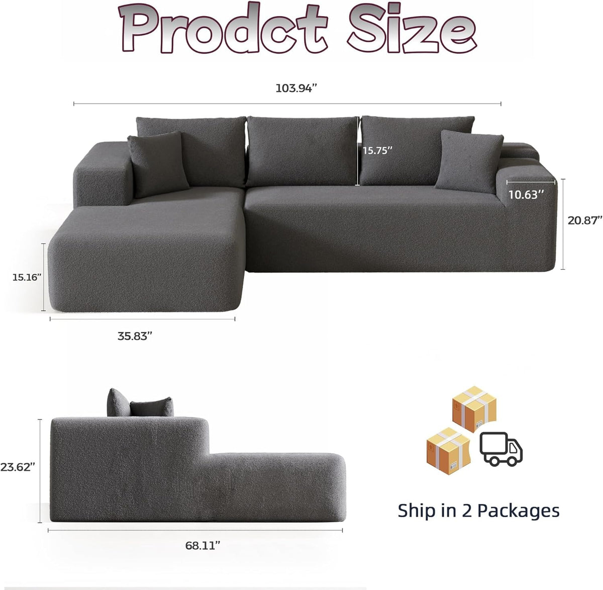 Cloud Sectional Couch, 104”L-Shape Oversized Sofa with Right Chaise Lounge, Modular Sleeper Couch with Pillows & Deep Seat, Rain Drop Velvet Fabric Compressed Sofa for Living Room, Dark Gray