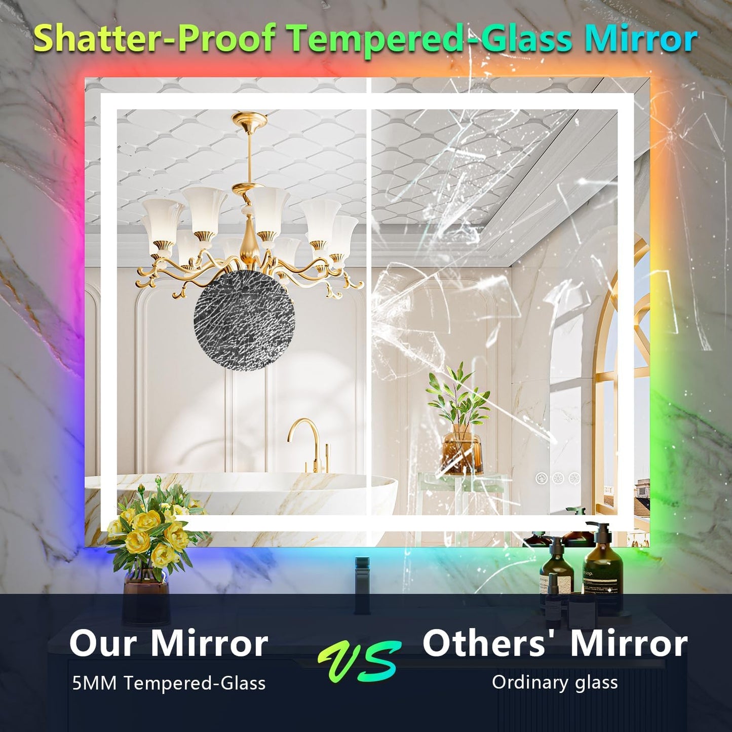 44x32 Inch RGB LED Bathroom Mirror Front Light and RGB Backlit Lighted Vanity Mirror for Bathroom Wall Mounted Dimmable Anti Fog Memory Shatter-Proof IP54 Waterproof Horizontal/Vertical