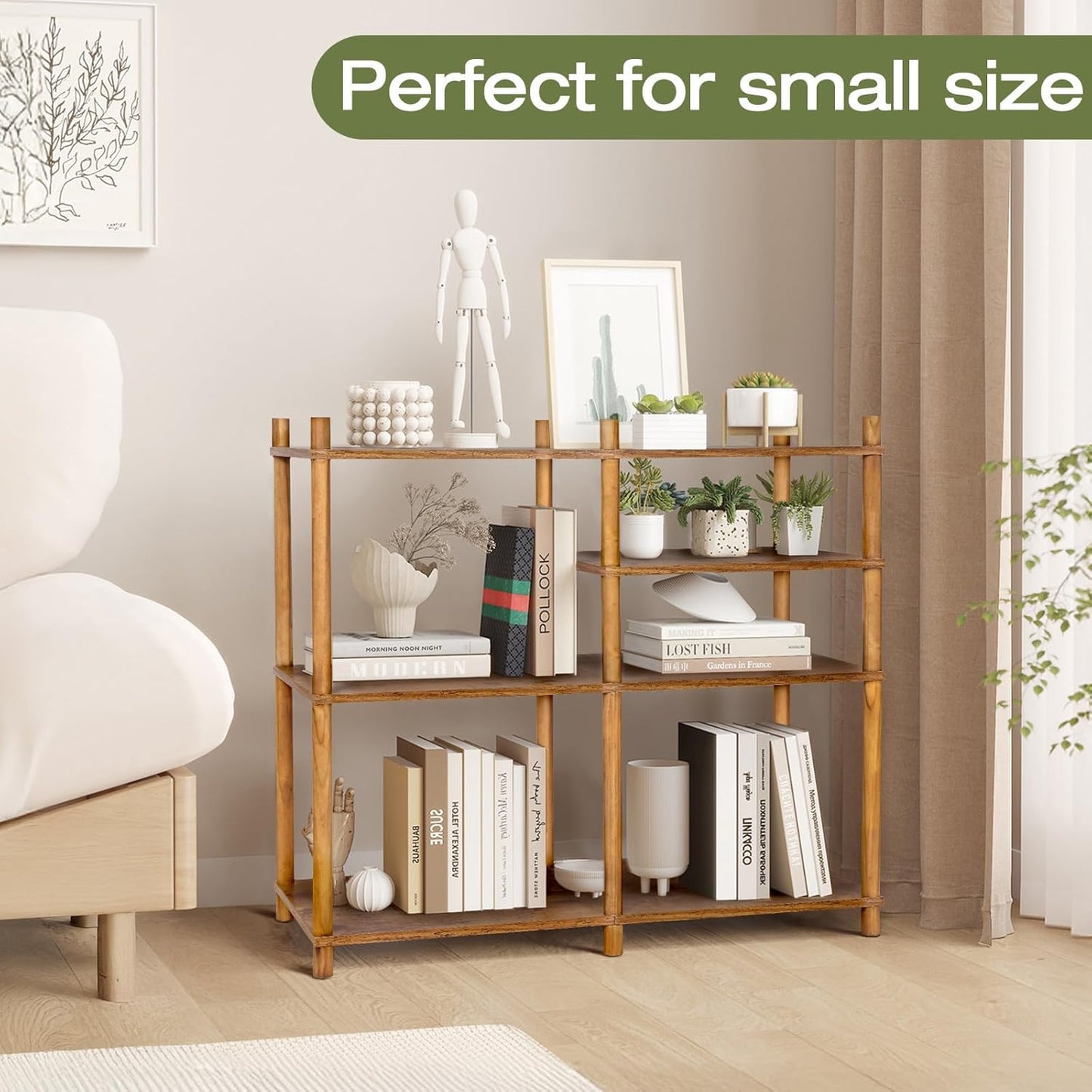 YGYQZ Wooden 3 Tier Storage Shelf, 5 Cube Short Small Book Shelf Simple and Natural Style Display Cubby Vertical Organizer Wood Open Storage Organizer for Small Space