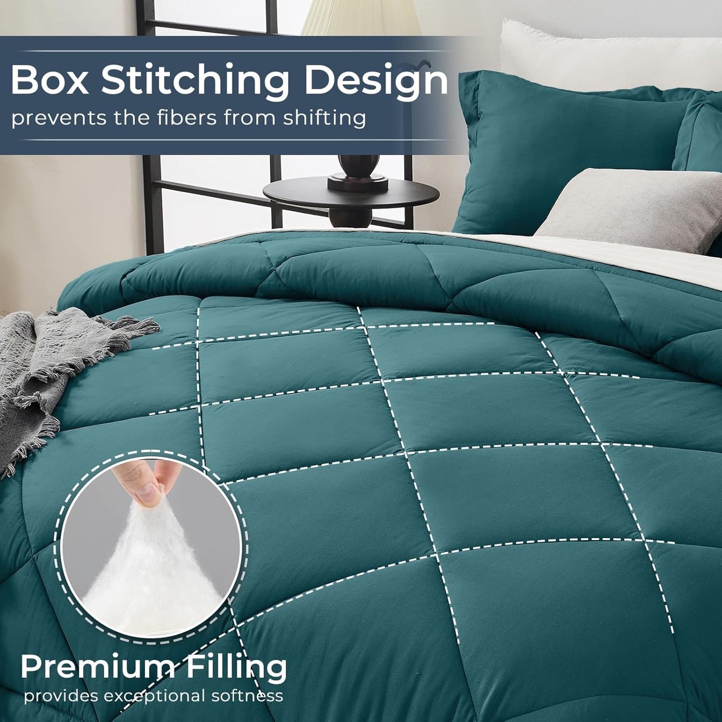 HEVUMYI Twin Comforter Set - 5-Piece All Season Bed in a Bag Twin, Ultra Soft Bedding Set with Comforter, Flat Sheet, Fitted Sheet, Pillowcases, Pillow Shams, Peacock Blue & Ivory