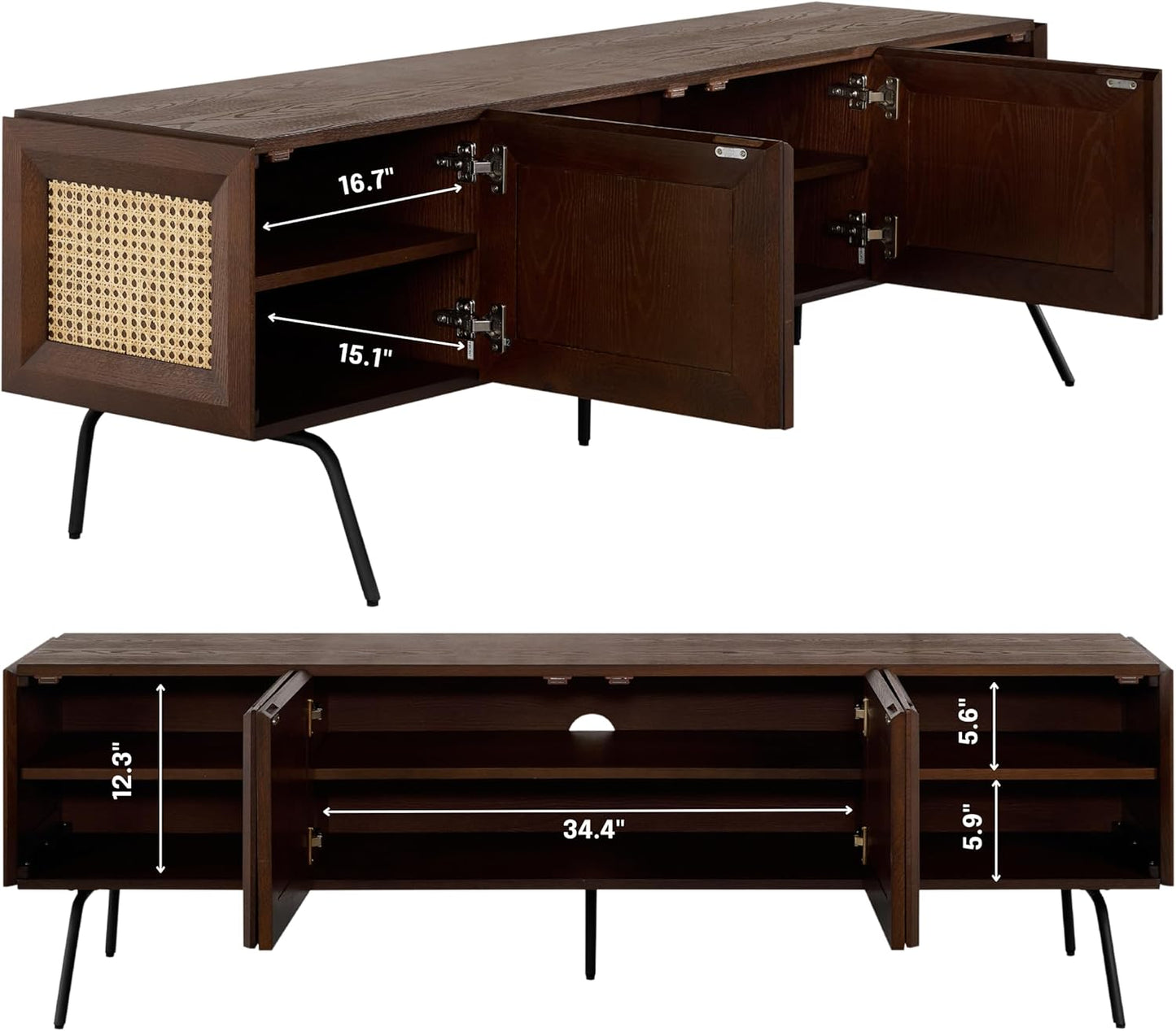 NTC Mossic TV Media Cabinet with 4 Doors for TVs, Entertainment Center with Natural Rattan, Metal Legs, Modern Storage Console for Living Room and Bedroom, Effortless Assembly, Dark Walnut