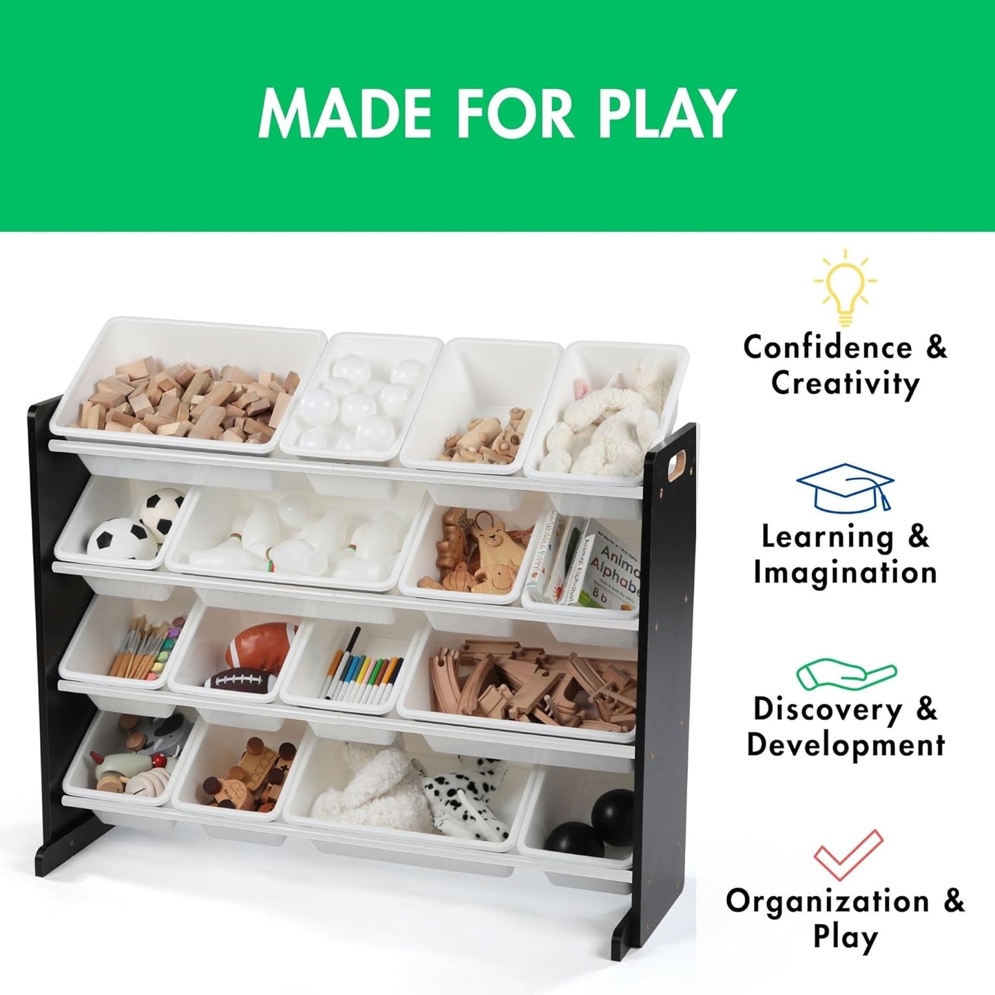 Humble Crew Supersized Toy Storage Organizer with 16 Removable Bins, Espresso/White – Large Toy Storage for Toddlers Ideal for Kids' Rooms, Playrooms, and Nurseries - Modern Toy Bins for Kids