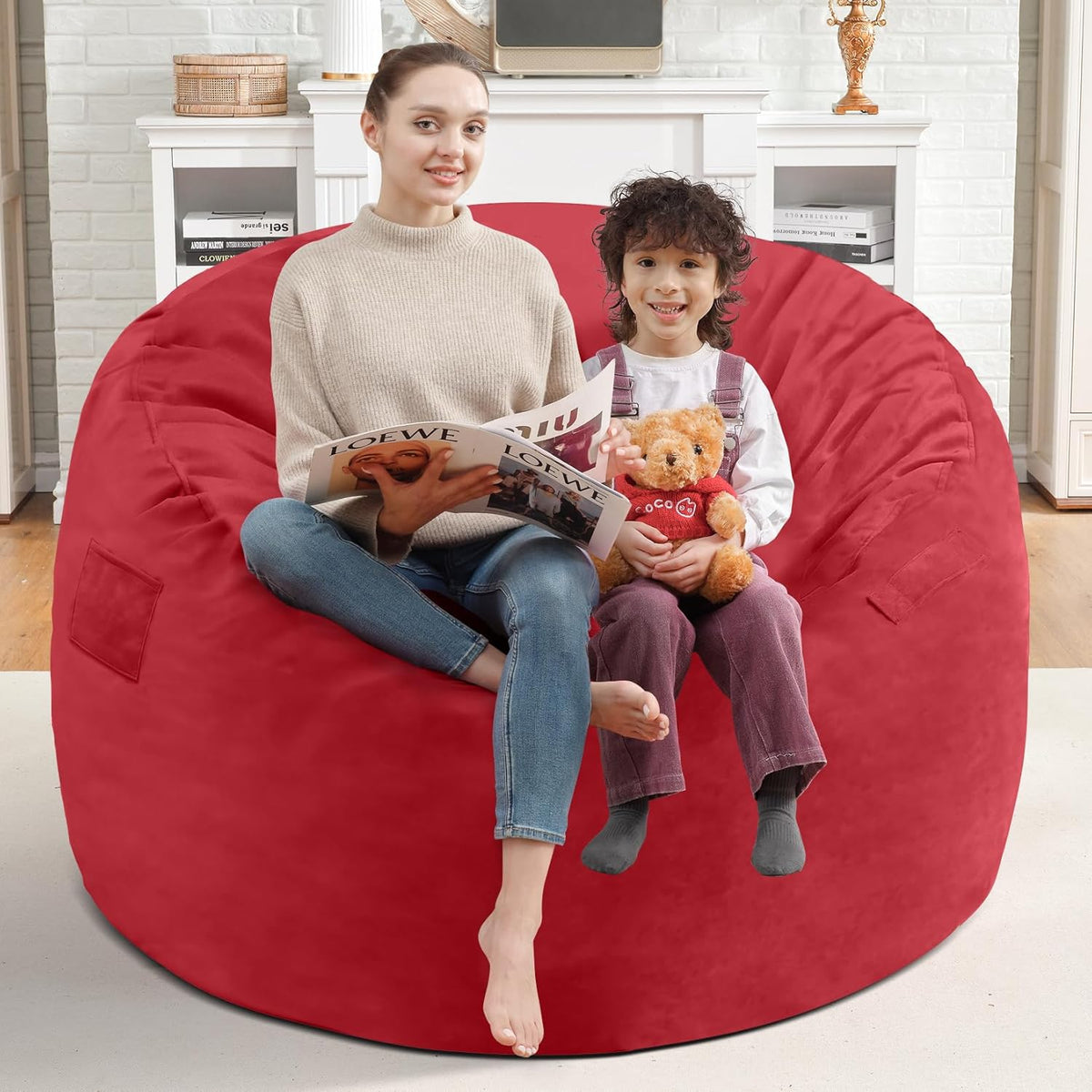 3FT Bean Bag Chair, Comfy Bean Bag Chairs with Memory Foam Filled, Fluffy Beanbag Sofa with Dutch Velvet Cover, Round BeanBag Chairs for Living Room, Playroom - Red