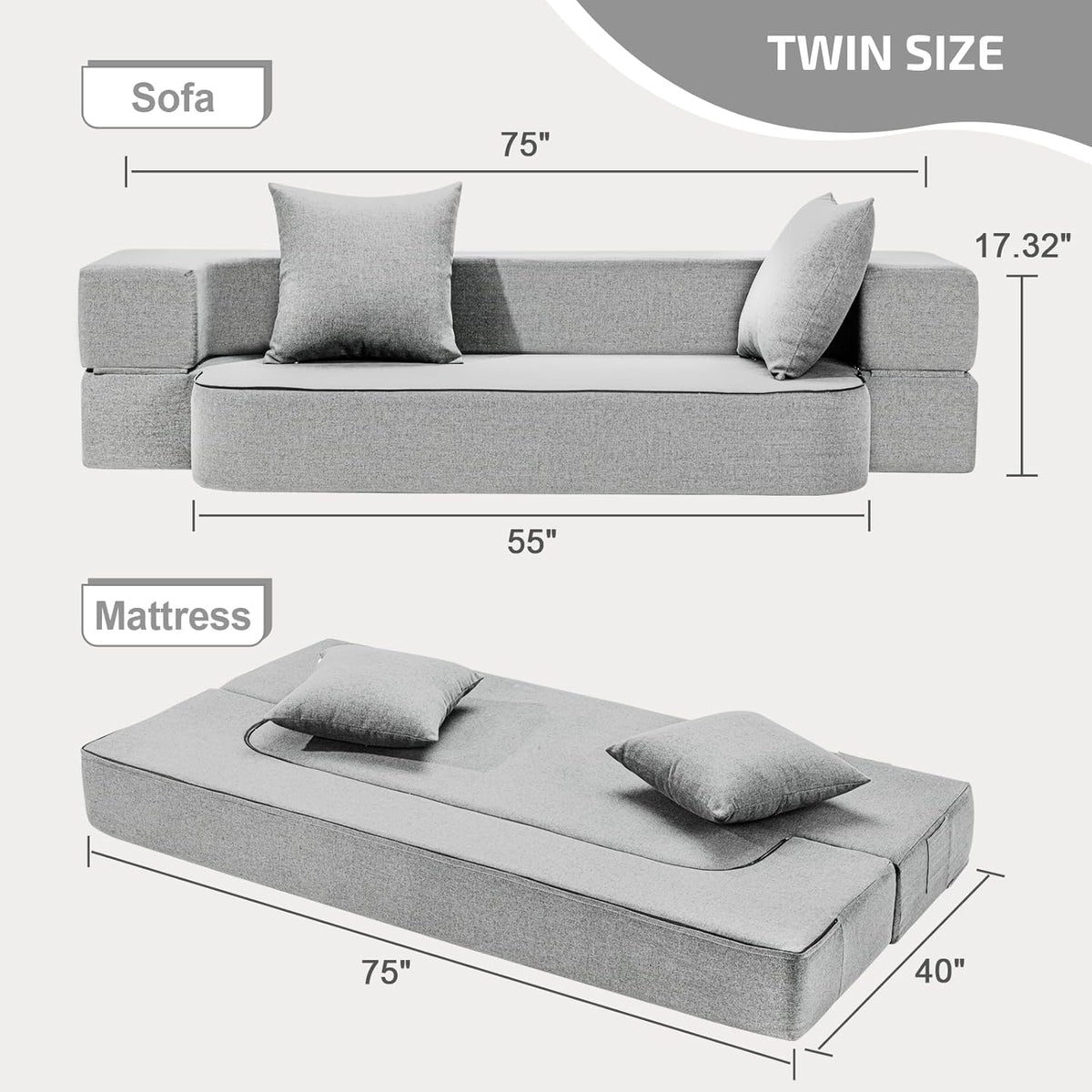2-in-1 Folding Sofa Bed with Pillows - Folding Chair Floor Couch & Sleeping Mattress - Washable Cover & Memory Foam Sleeper Chair for Living Room/Guest Room/Apartment/Loft, Light Gray, Twin