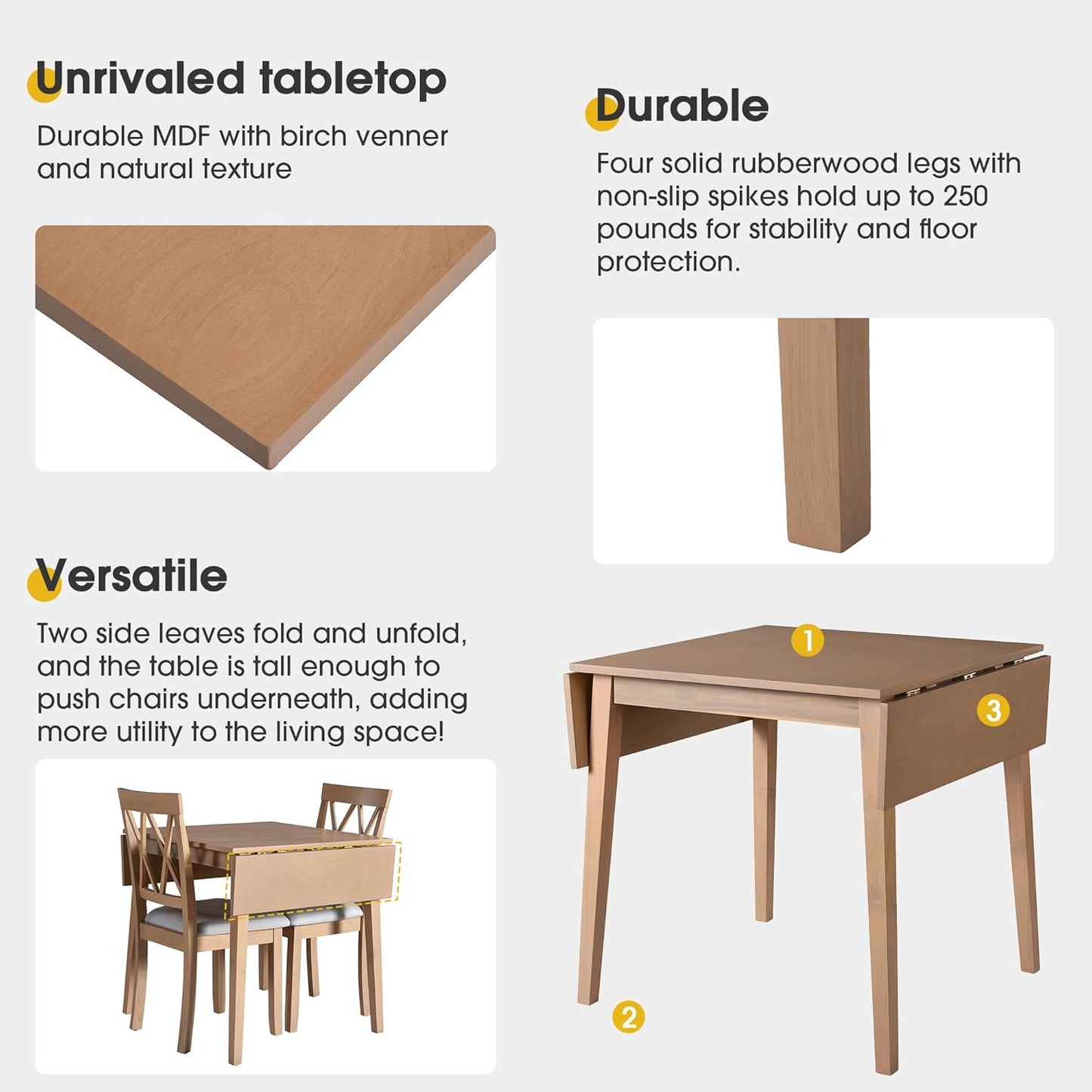 Merax Farmhouse Wood 3-Piece Multifunctional Dining Set, 45.6 inch Extendable Table with Drop Leaf, 2 Upholstered Chairs for Kitchen, Small Space, Natural