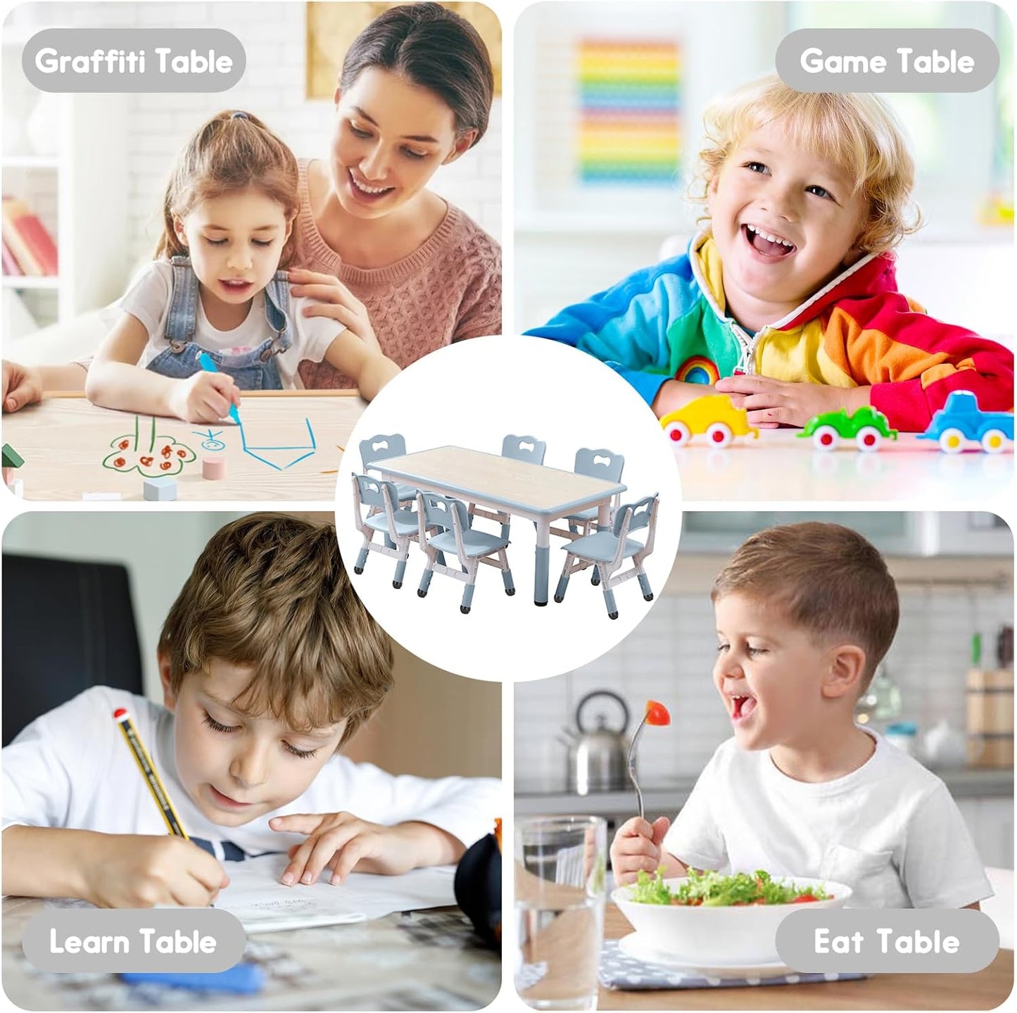 Kids Table and Chairs Set, Height Adjustable Desk With 6 Seats for Ages 3-12,Arts & Crafts Table,Graffiti Desktop, Non-Slip Legs, Max 300lbs, Children Multi-Activity Table for Classrooms,Daycares,Home