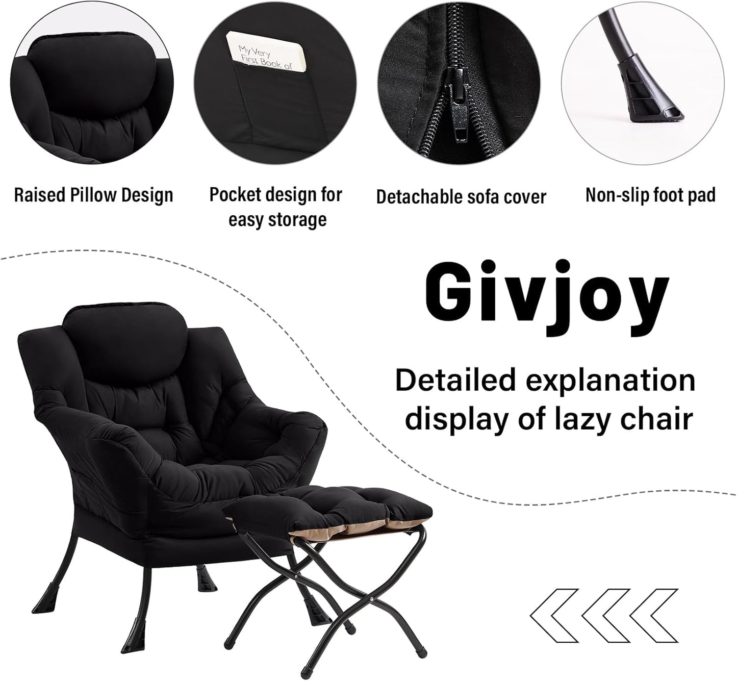 Cozy Lazy Chair and Ottoman, Large Contemporary Accent Lounge Chair Set, Leisure Upholstered Reading Armchair for Bedroom, Living Room, Dorm Rooms, Office