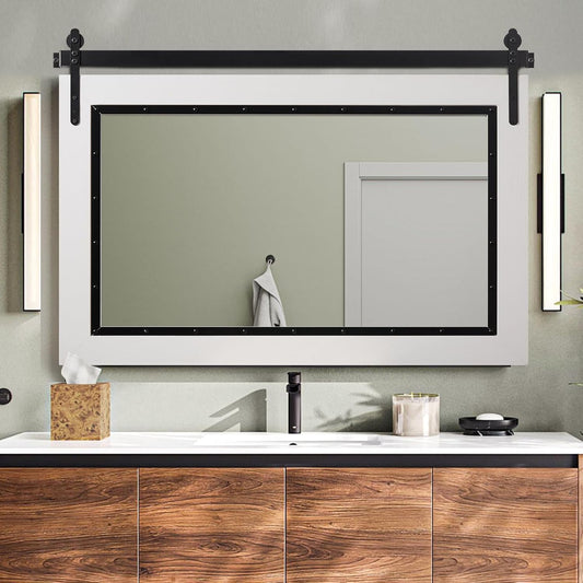 YOSHOOT Farmhouse Barn Door Mirror, 40"x26" Rustic Bathroom Mirror, Wood Frame Wall Mirror, Wooden Mirror for Living Room Bedroom Entryway Wall Décor, Horizontal Hanging ONLY