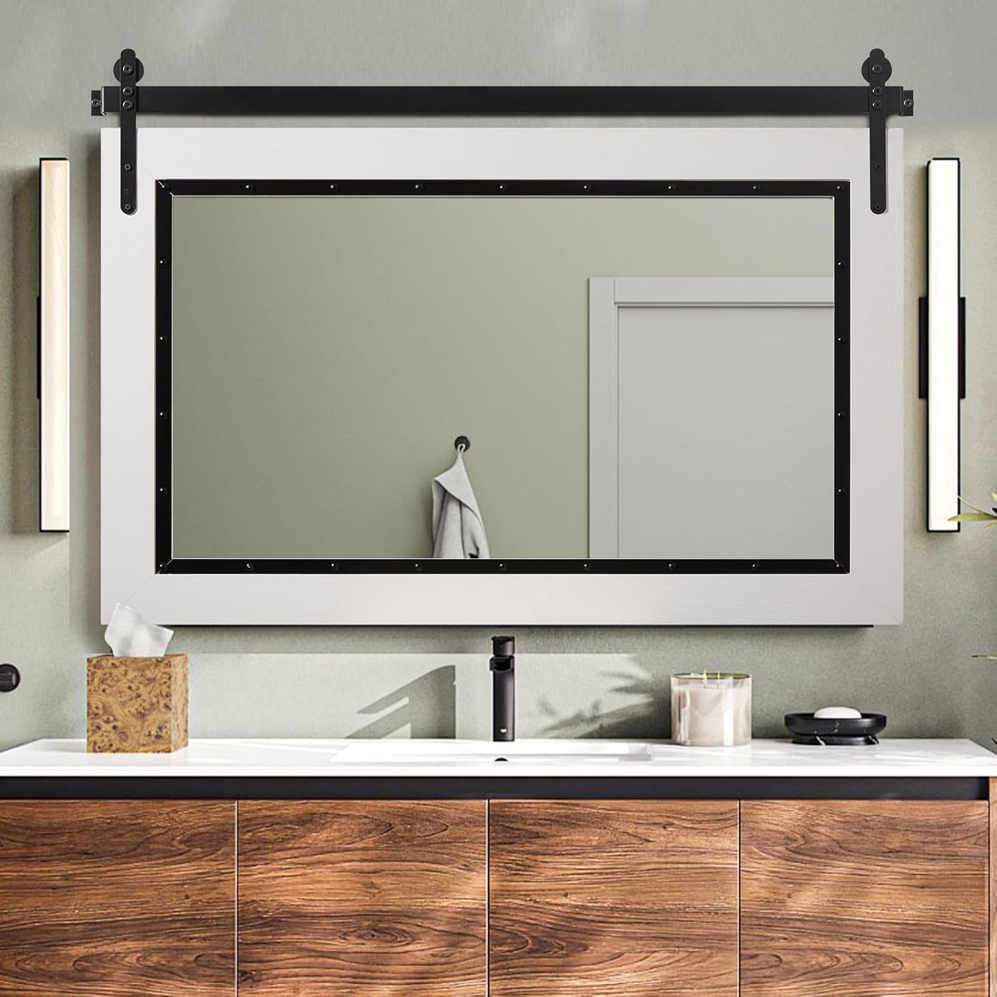 YOSHOOT Farmhouse Barn Door Mirror, 48"x30" Rustic Bathroom Mirror, Wood Frame Wall Mirror, Wooden Mirror for Living Room Bedroom Entryway Wall Décor, Horizontal Hanging ONLY