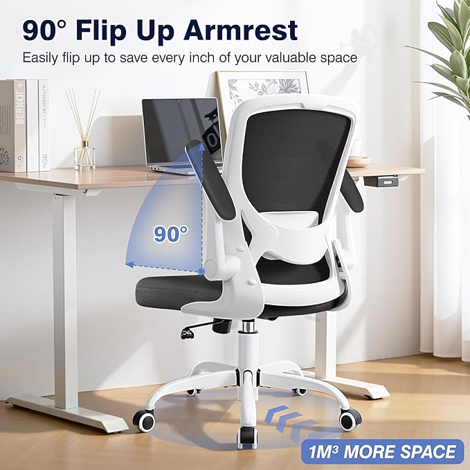 Ergonomic Office Chair, Mesh Computer Chairs with Lumbar Support, Swivel Desk Chair with Flip-up Arms and Adjustable Height, White
