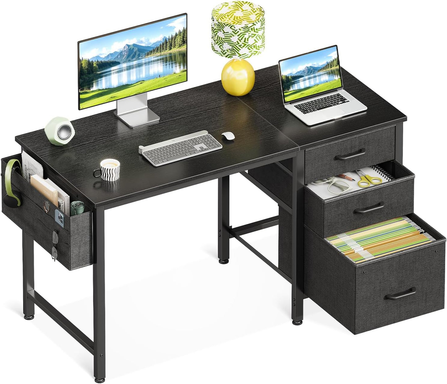 Casaottima 40" Small Computer Home Office Desk for Bedroom with Fabric Drawers & File Cabinet, Cloth Storage Bag and Hook, Writing Study Work Table for Small Space, Black