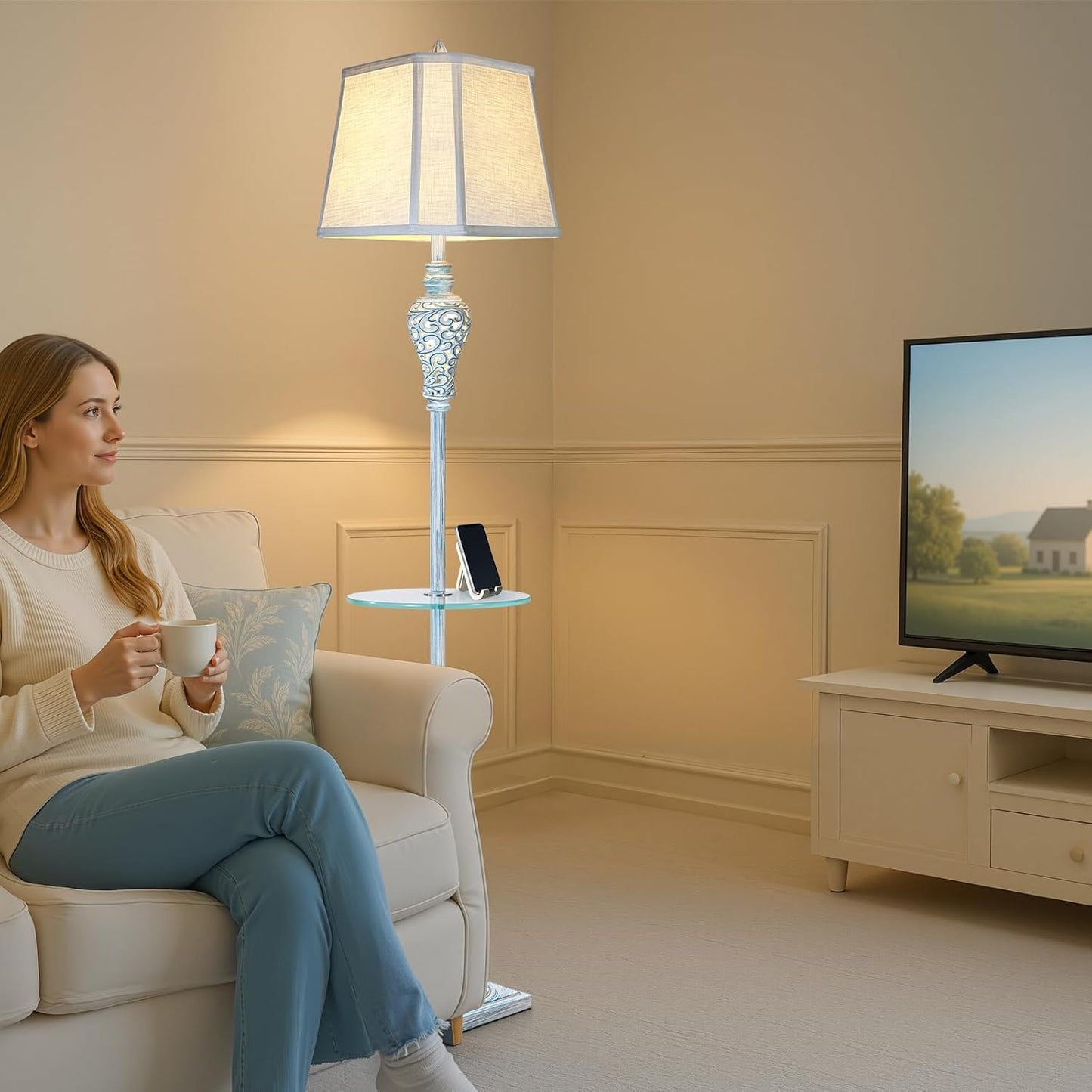 Vintage Floor Lamp with Night Light and Glass Tray, 65" High Retro Standing Lamp with Washed Blue Finish and White Linen Shade, Farmhouse Tall Lamp Decor for Living Room Bedroom House (Bulb Included)