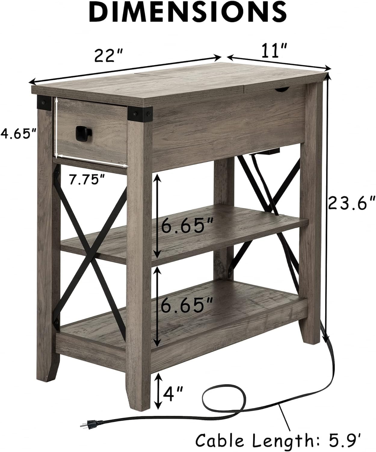 Narrow End Table with Charging Station - Farmhouse Slim Side Table Set of 2, w/USB Ports Power Outlets, Nightstand w/Flip Top Storage Drawer, for Small Spaces Living Room Bedroom, Gray