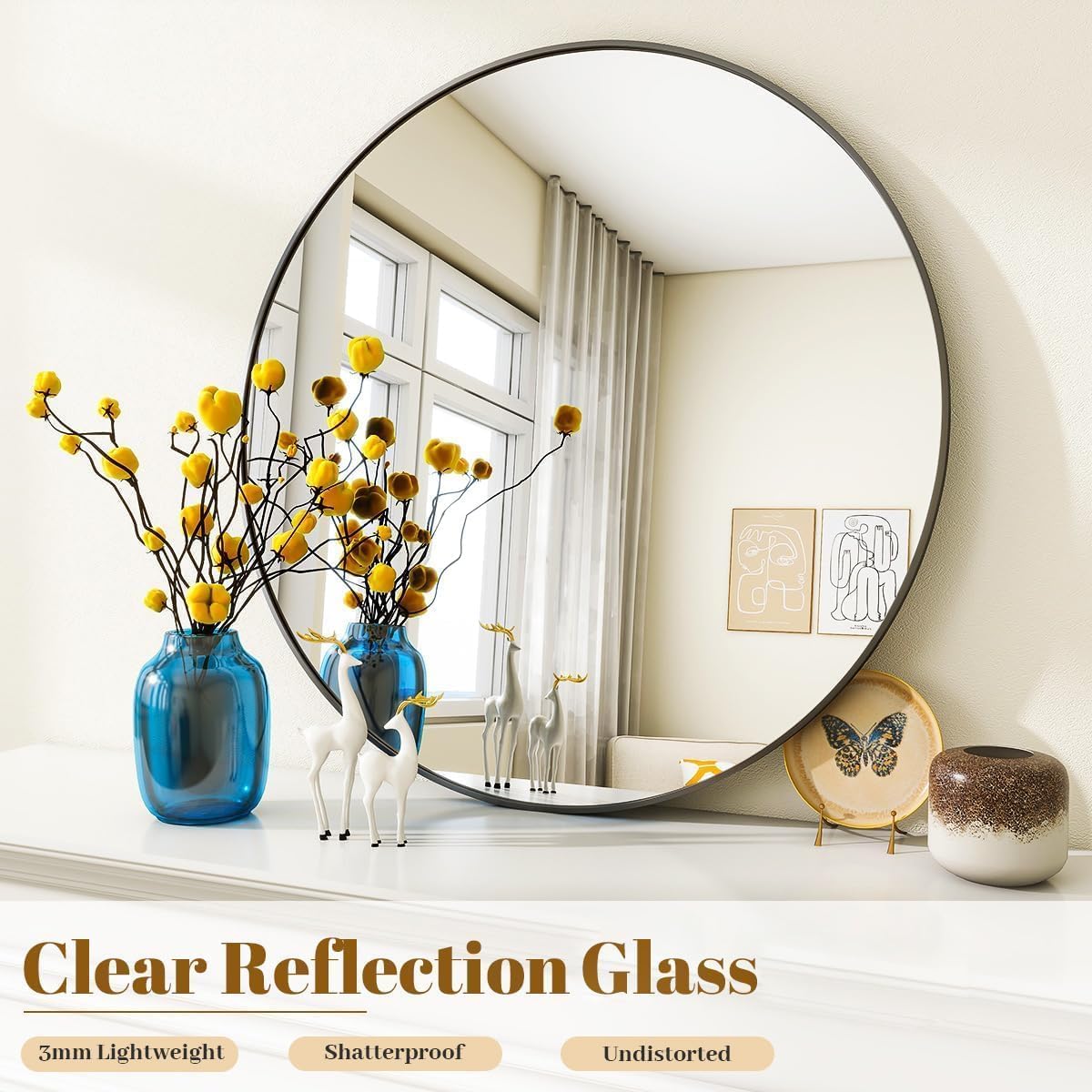 Black Round Bathroom Mirror, 48 inch Large Circle Wall Mounted Hanging Mirror with Simple Modern Circular Metal Frame for Hallway, Entryway, Living Room, Black Frame