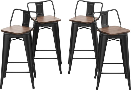 24 Inch Swivel Bar Stools Set of 4 with Backs Counter Height Industrial Metal Barstools Island Bar Chairs for Home Kitchen Dining Room (Swivel 24 inch,Matte Black Wooden)