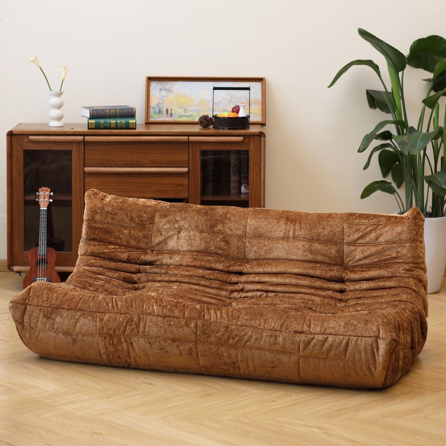 N&V Fireside Chair, Mid Century Armless Floor Sofa, Soft Premium Chenille Floor Lounge Chair, Foam Sofa Accent Chair for Living Room Bedroom and Office (Brown, Three Seater)