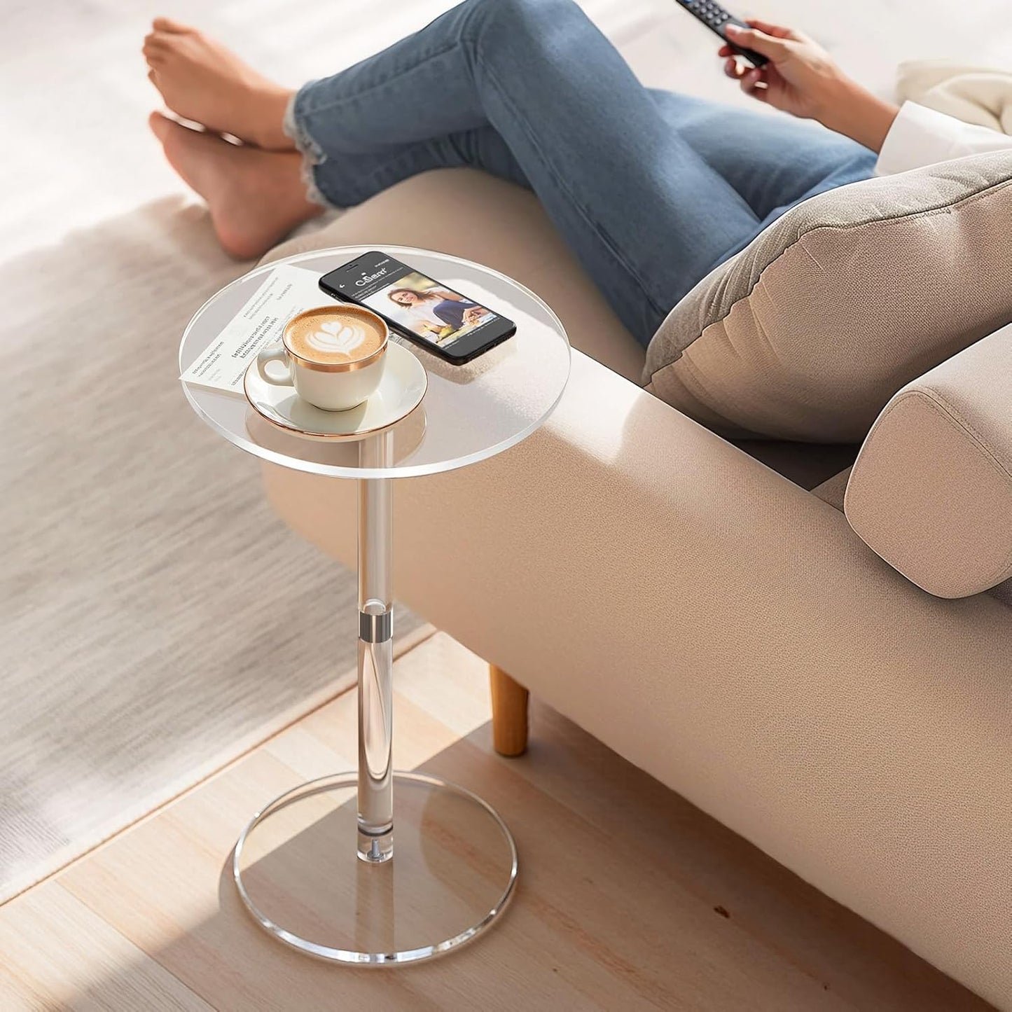 11.8" Round Clear Acrylic End Table - Modern Small Space Side Table for Living Room, Bedroom, Office, Outdoor | Sturdy, Easy to Install, Multi-Purpose