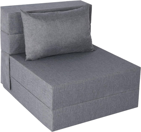 Folding Sofa Bed, Convertible Futon Sofa Bed with Pillow, Foldable Sleeper Chair with Washable Cover, Fold Out Couch for Guest Room, Living Room, Dorm, Single Size, Light Grey
