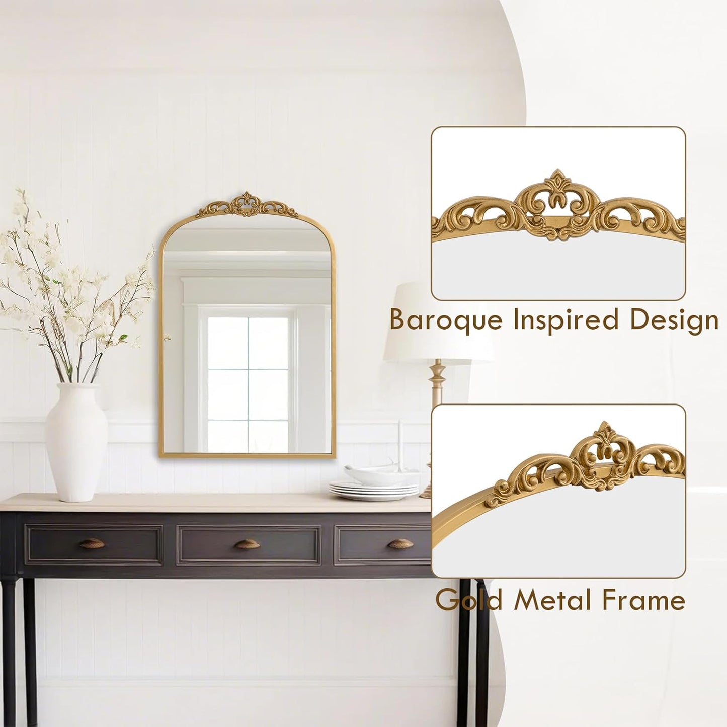 1 Set Vintage Mirror 20x30 Gold Antique Baroque Arched Ornate Traditional Brass Mirror and 8.5x12 Vintage Vanity Makeup Desk Table Mirror for Bathroom Entryway Living Room Hallway Fireplace