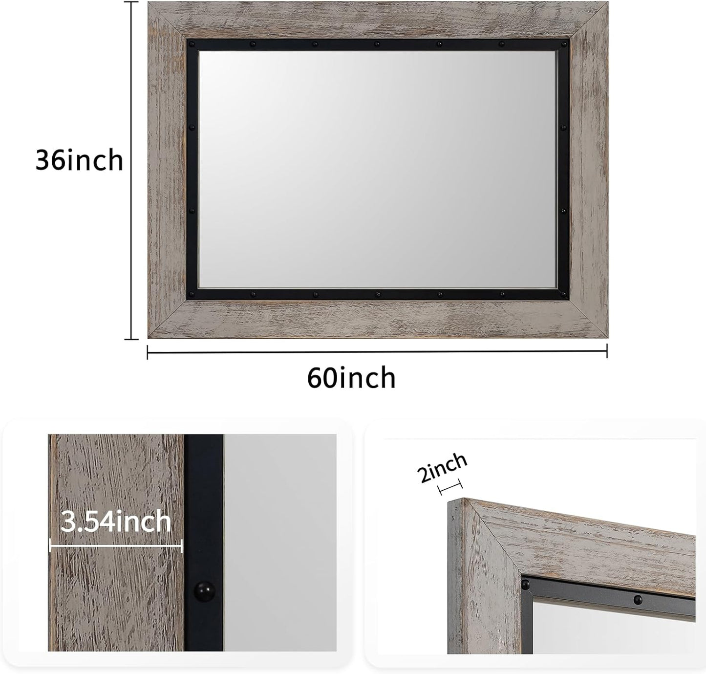 YOSHOOT Rustic Wooden Framed Wall Mirror, Natural Wood and Iron Bathroom Vanity Mirror for Farmhouse Decor, Vertical or Horizontal Hanging, 60" x 36", Grey