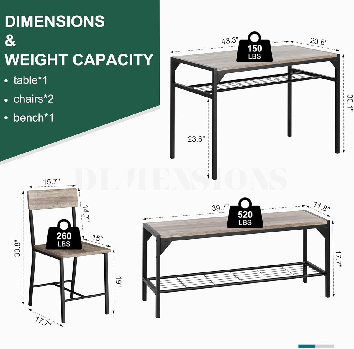 Shintenchi Kitchen Table Chairs Set of 4, Dining Table Set for 4 with Bench and Chairs, 4 Pieces Kitchen Table Set with Storage Rack & Metal Frame for Small Space, Gray