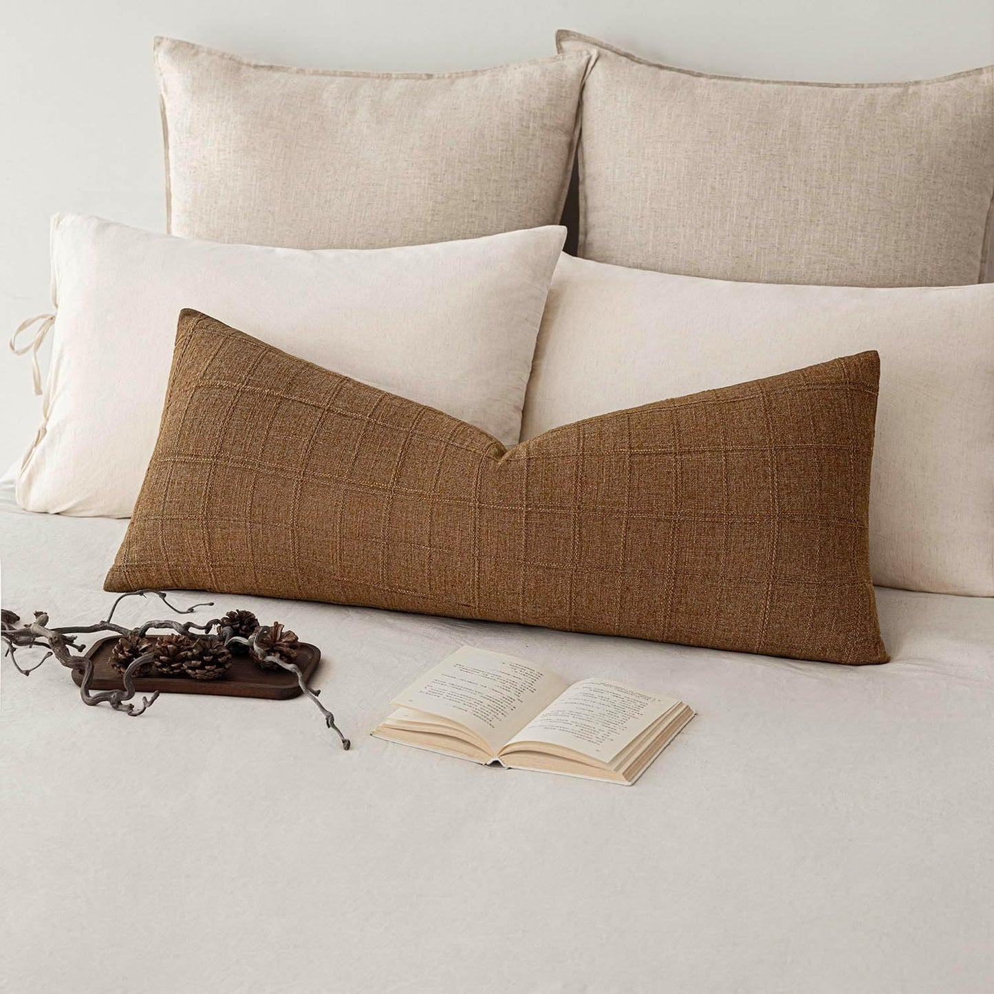 Foindtower Set of 2 Decorative Linen Check Throw Pillow Covers Neutral Long Body Lumbar Cushion Covers Farmhouse Vintage Boho Home Decor For Sofa Chair Couch Bedroom Living Room,14×36 Inch,Brown Hazel