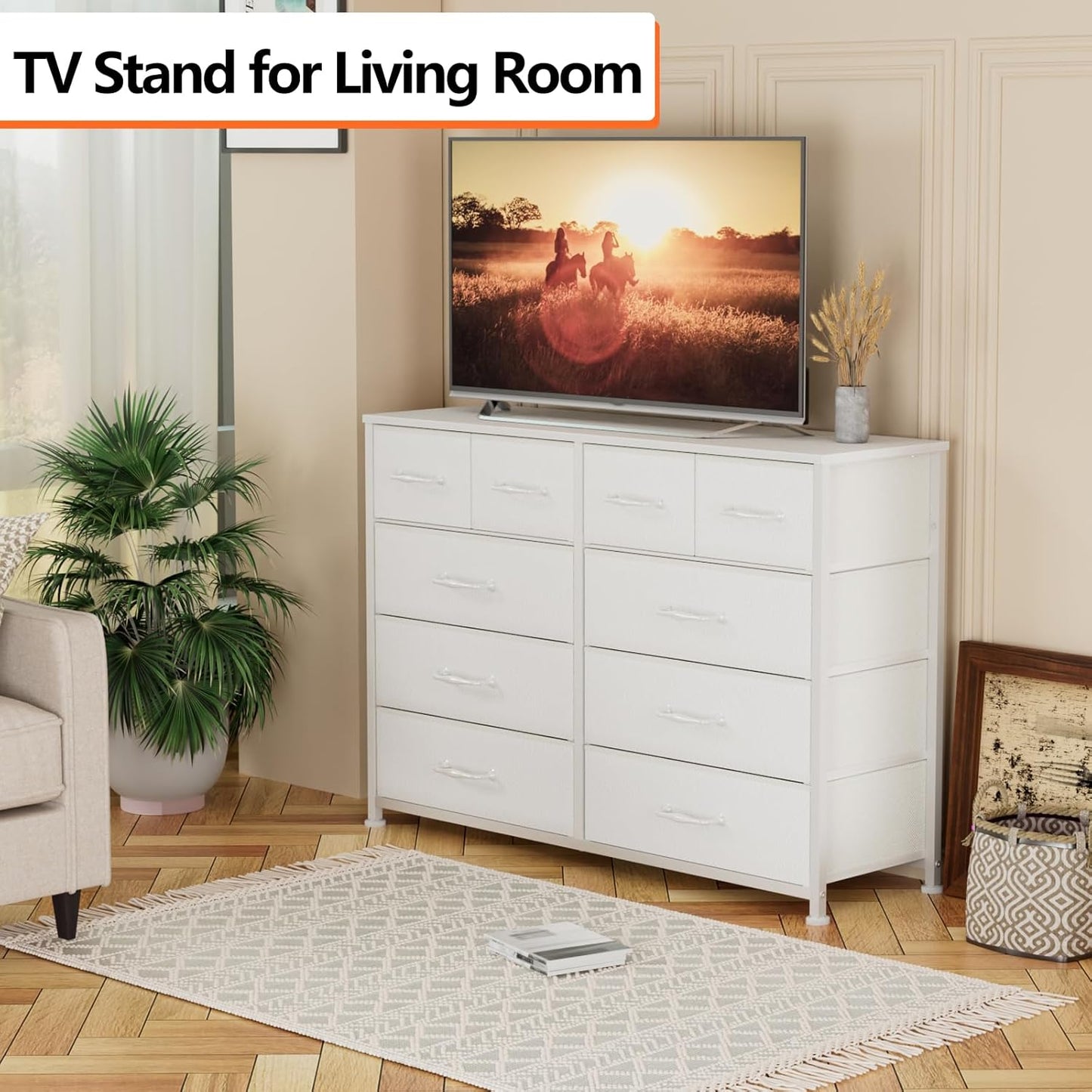 Furnulem Bedroom Dresser White for 55”Long TV Stand Entertainment Center Dressers & Chests of Drawers,10 Storage Fabric Drawer, Sturdy Metal Frame Tall Storage Cabinet for Living Room, Entryway