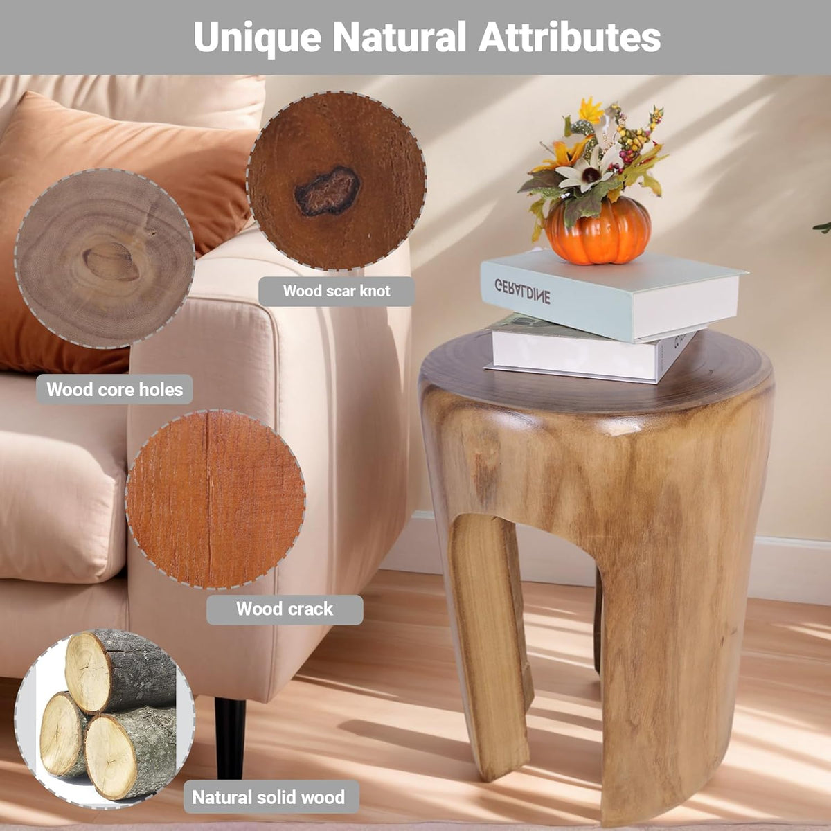 Athaliah Rustic Wood Side Table, 17.75”H Tree Stump End Table, Round Wooden Stool for Living Room, Bedroom, Garden, Patio, Lawn, Home Decor