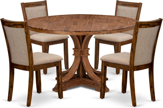I7MZ5-50N-04 5-Pc Dining Room Set Includes a Pedestal Round Table and 4 Light Tan Polyester Fabric Padded Chairs with Padded Back - Antique Walnut Finish