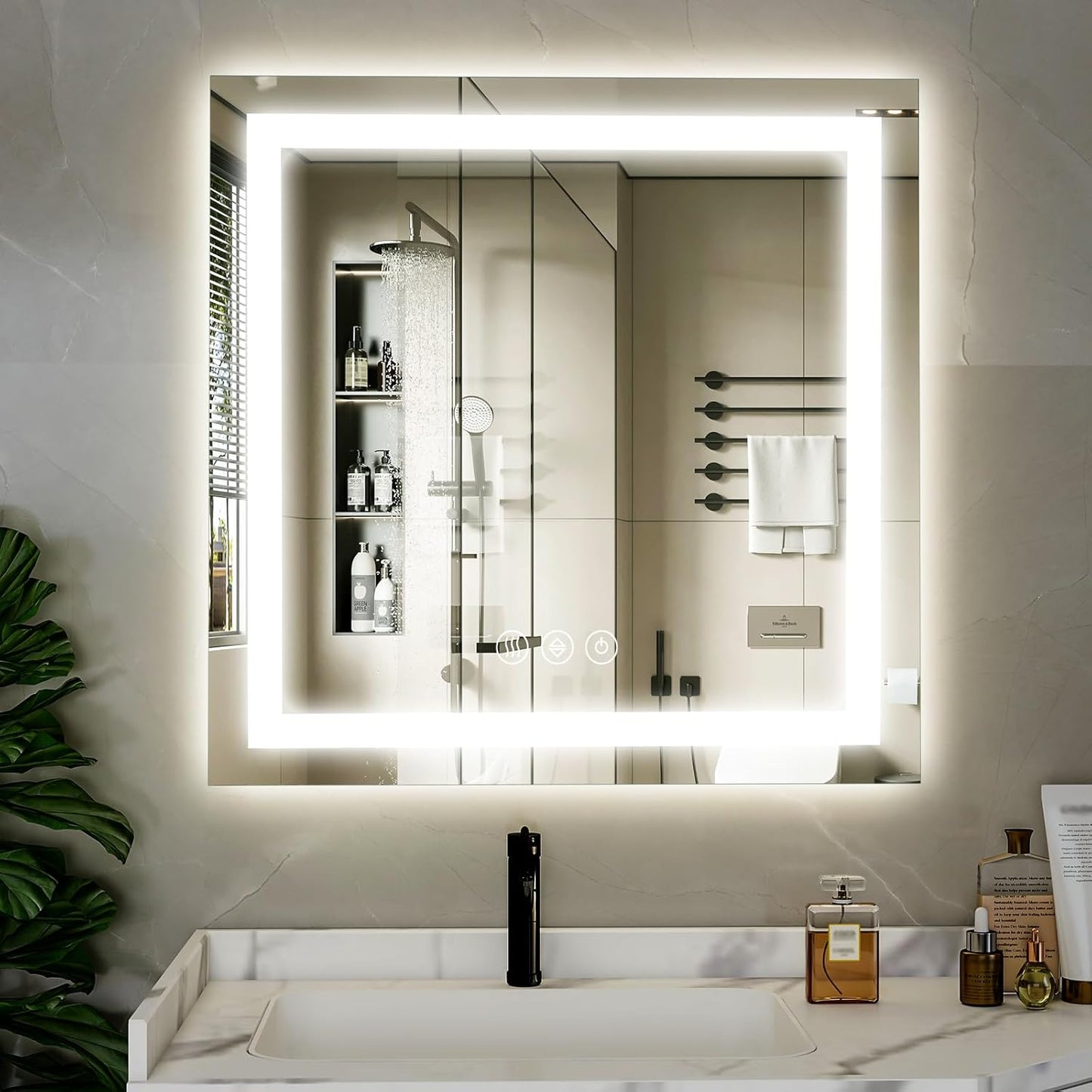 36x36 LED Bathroom Mirror, Backlit + Front Lit, LED Bathroom Mirror with Lights for Wall, 3 Colors, Anti-Fog, Dimmable Brightness, Memory Function, Tempered Glass